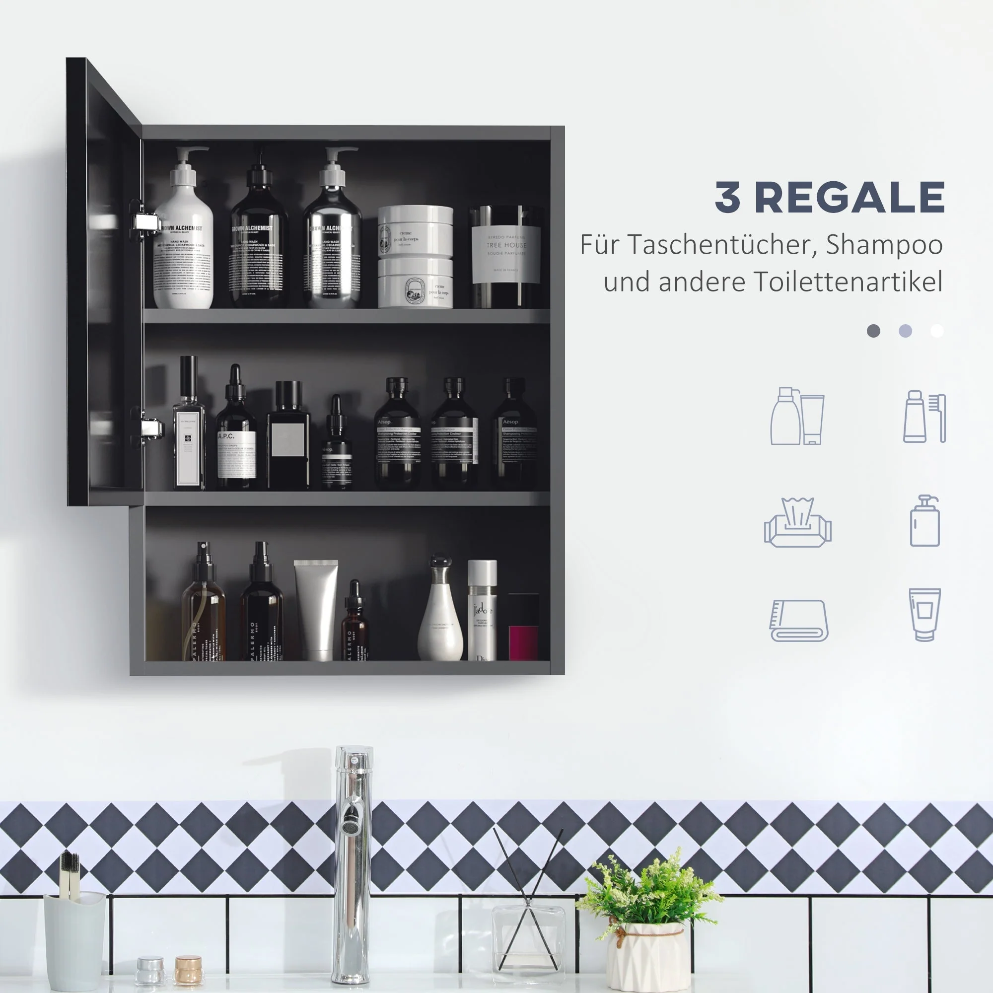kleankin Mirror Cabinet with 2 Interior Shelves & Open Glass Shelf, Stainless Steel - Image 4