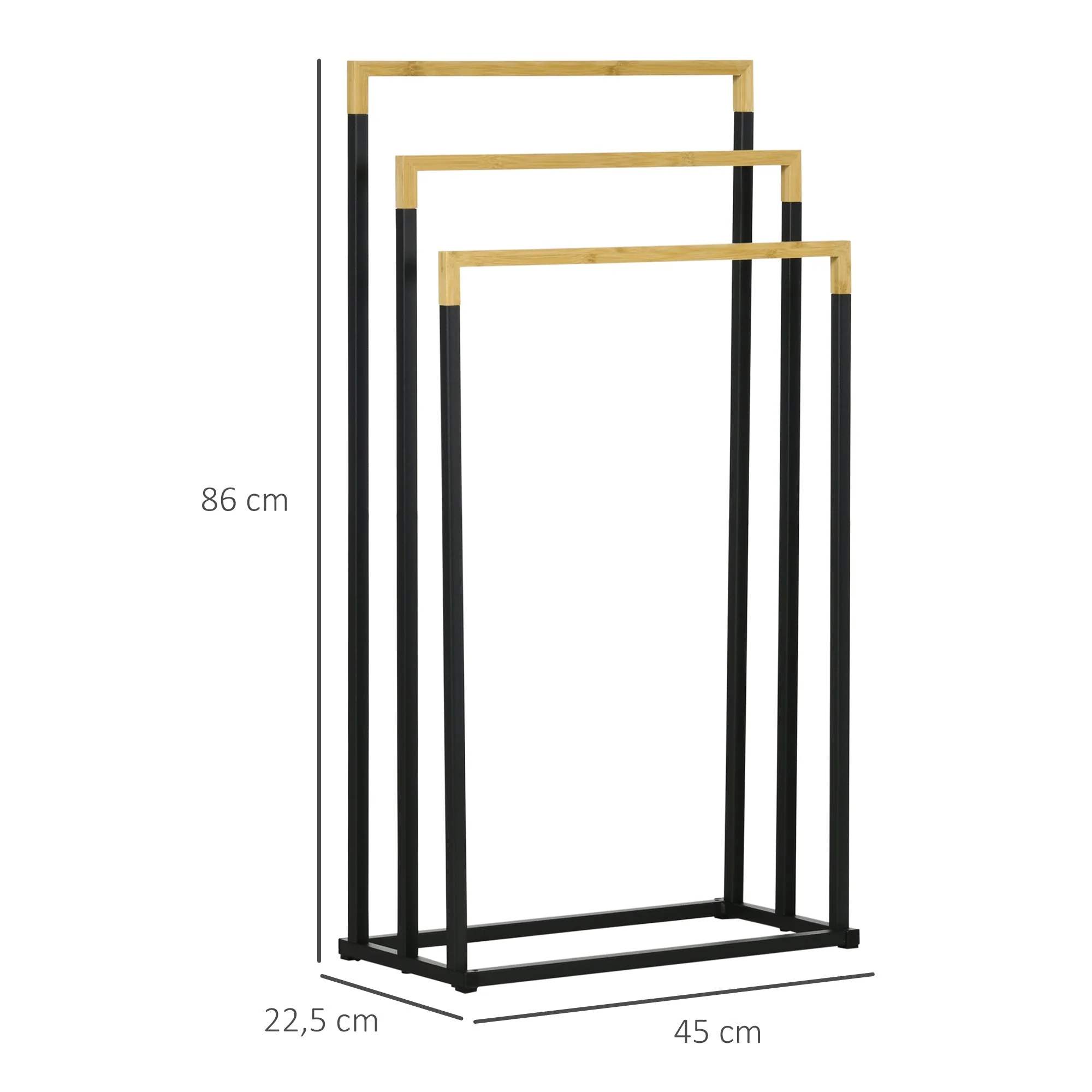kleankin Towel Rack, 3 Bars, Steel & Bamboo, Black - Image 3