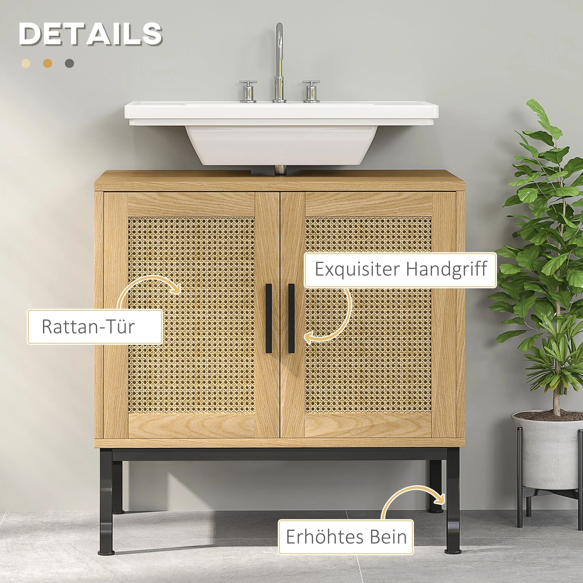 kleankin Vanity Unit, Rattan Look, Anti-Tip Protection, Oak - Image 6