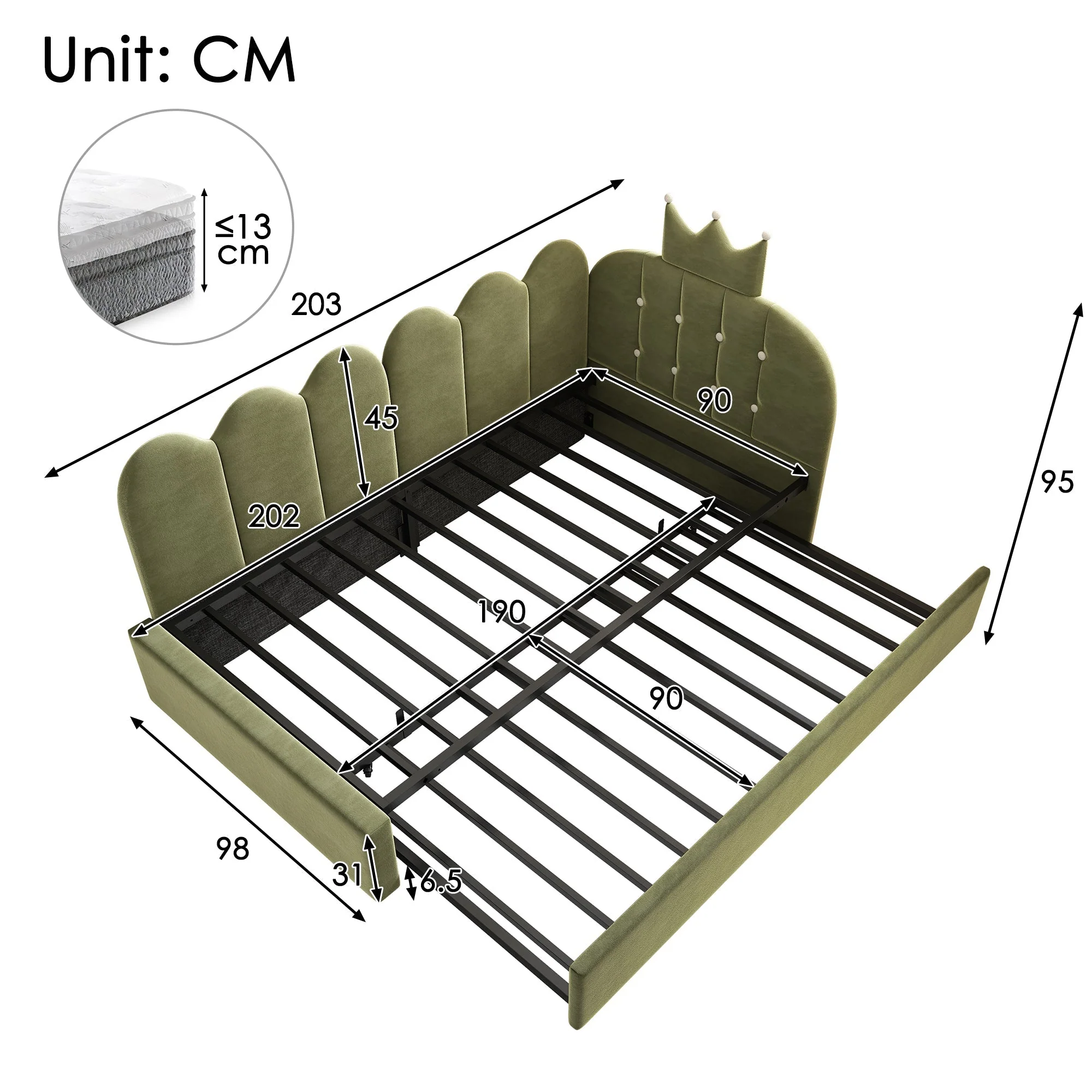 L-Shape Sofa Bed with Pull-out Guest Bed and Crown Lattice Design, 90x200cm, Green Velvet - Image 2