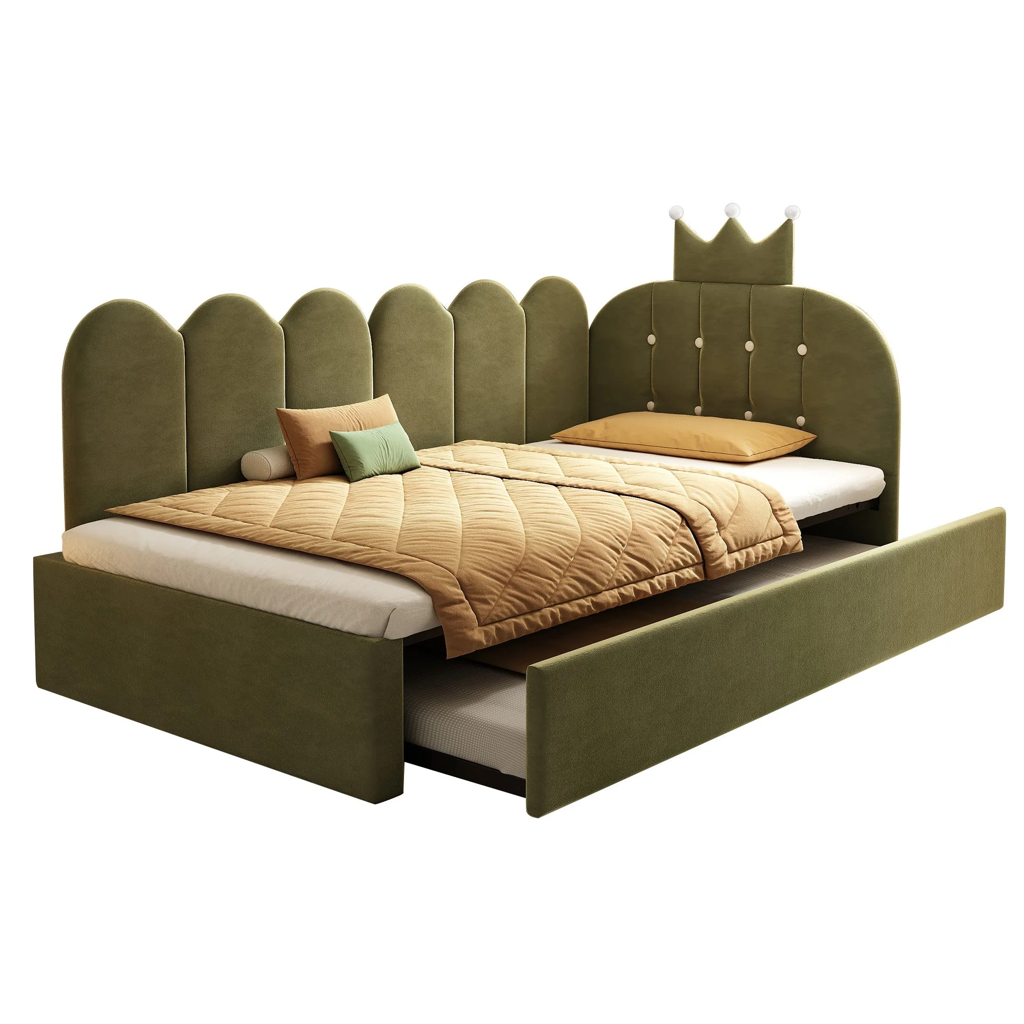 L-Shape Sofa Bed with Pull-out Guest Bed and Crown Lattice Design, 90x200cm, Green Velvet - Image 4