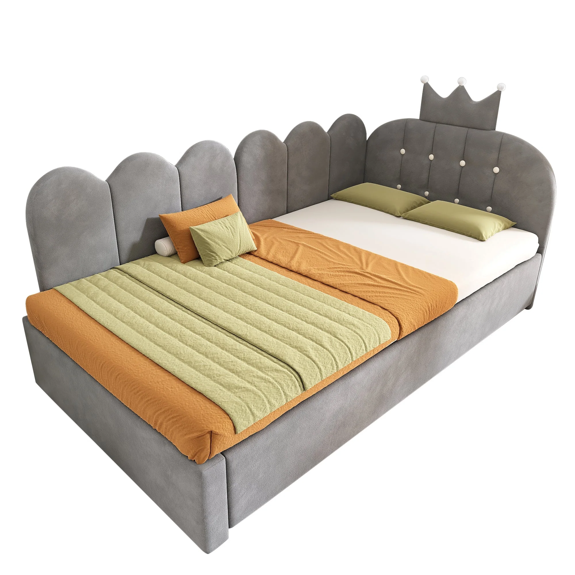 L-Shape Sofa Bed with Pull-Out Guest Bed and Crown Lattice Design, 90x200cm, Grey Velvet - Image 4