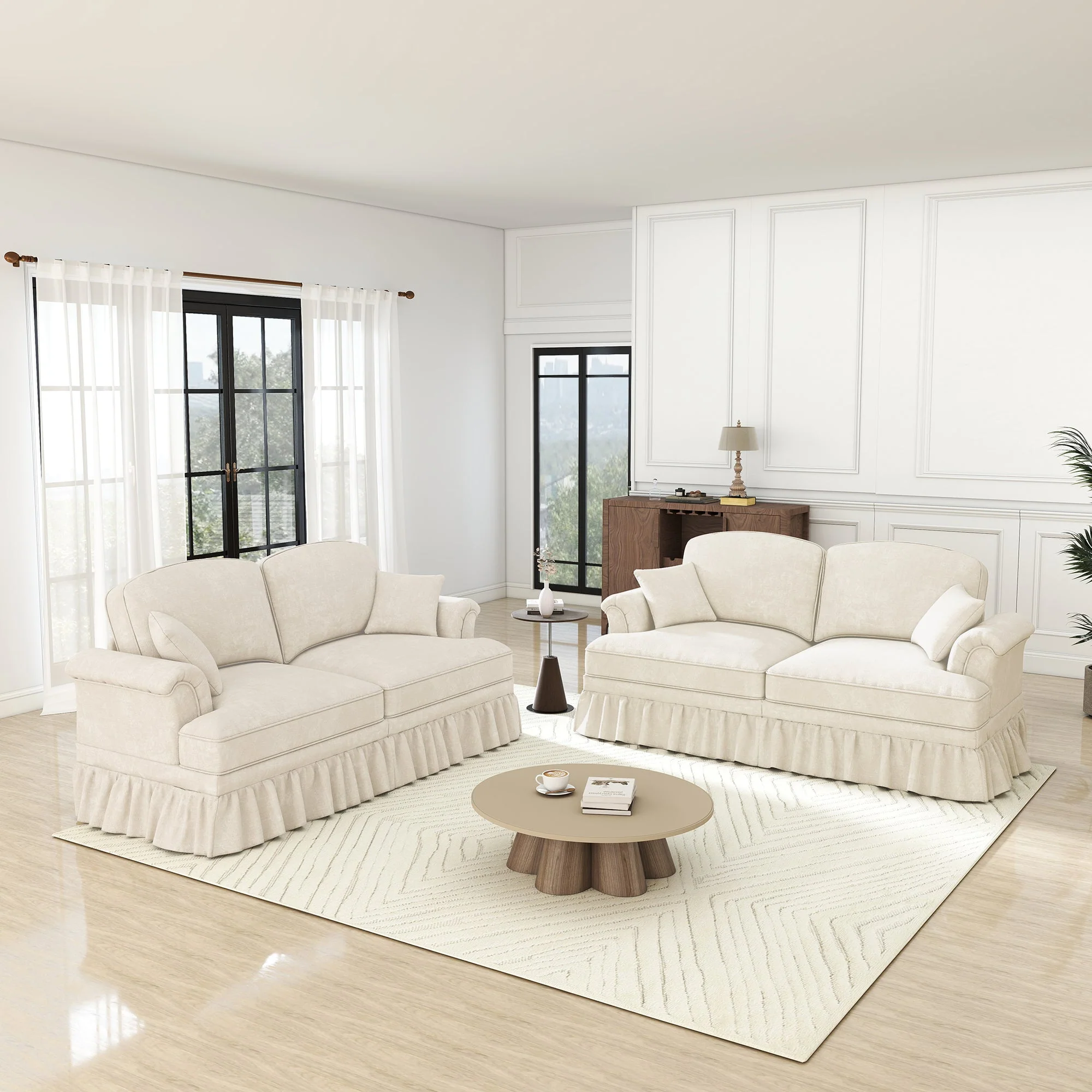 L-Shaped 2-Seater Sofa Mid-Century Chenille Movable Ottoman - White - Image 2