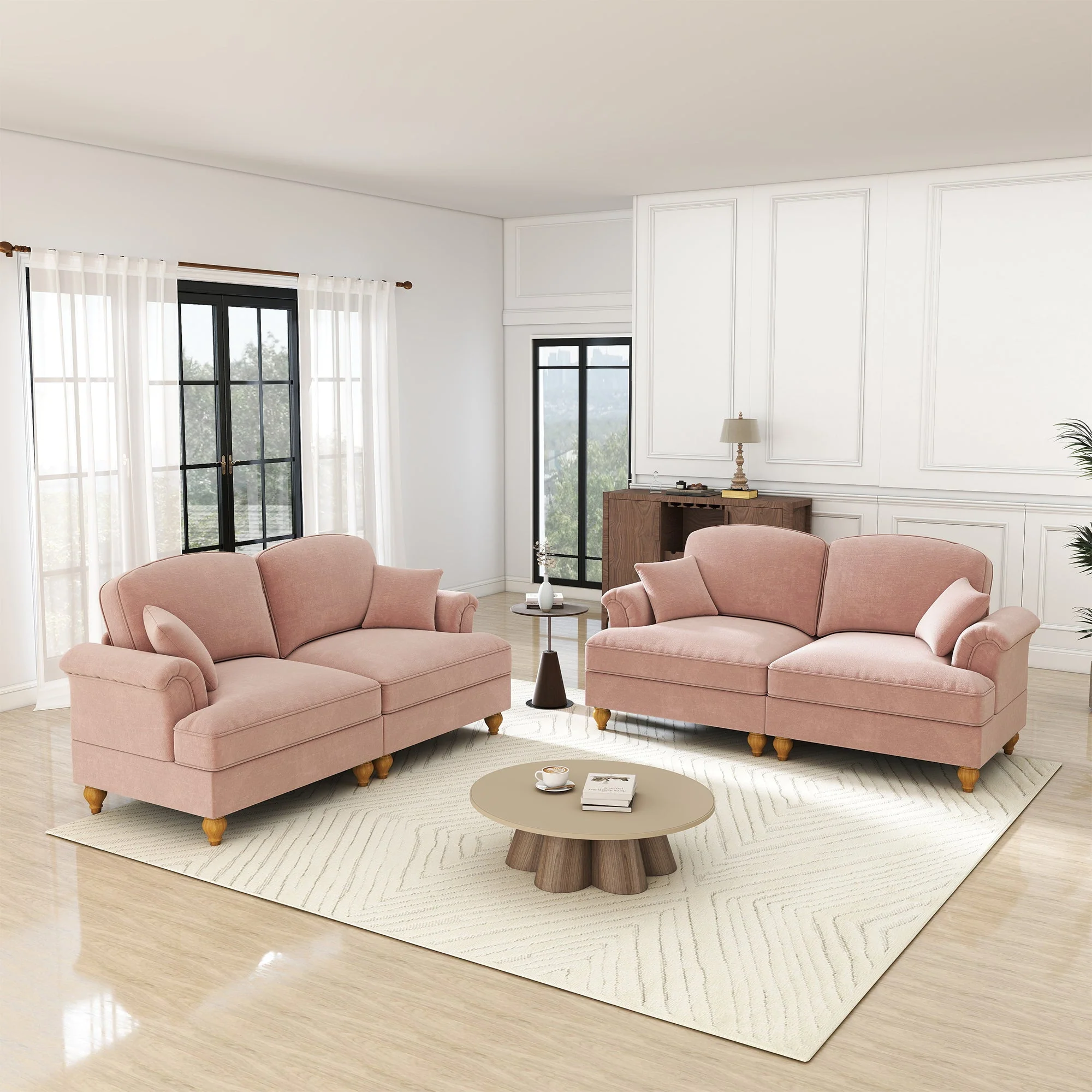 L-Shaped 2-Seater Sofa Mid-Century Movable Ottoman Chenille - Pink