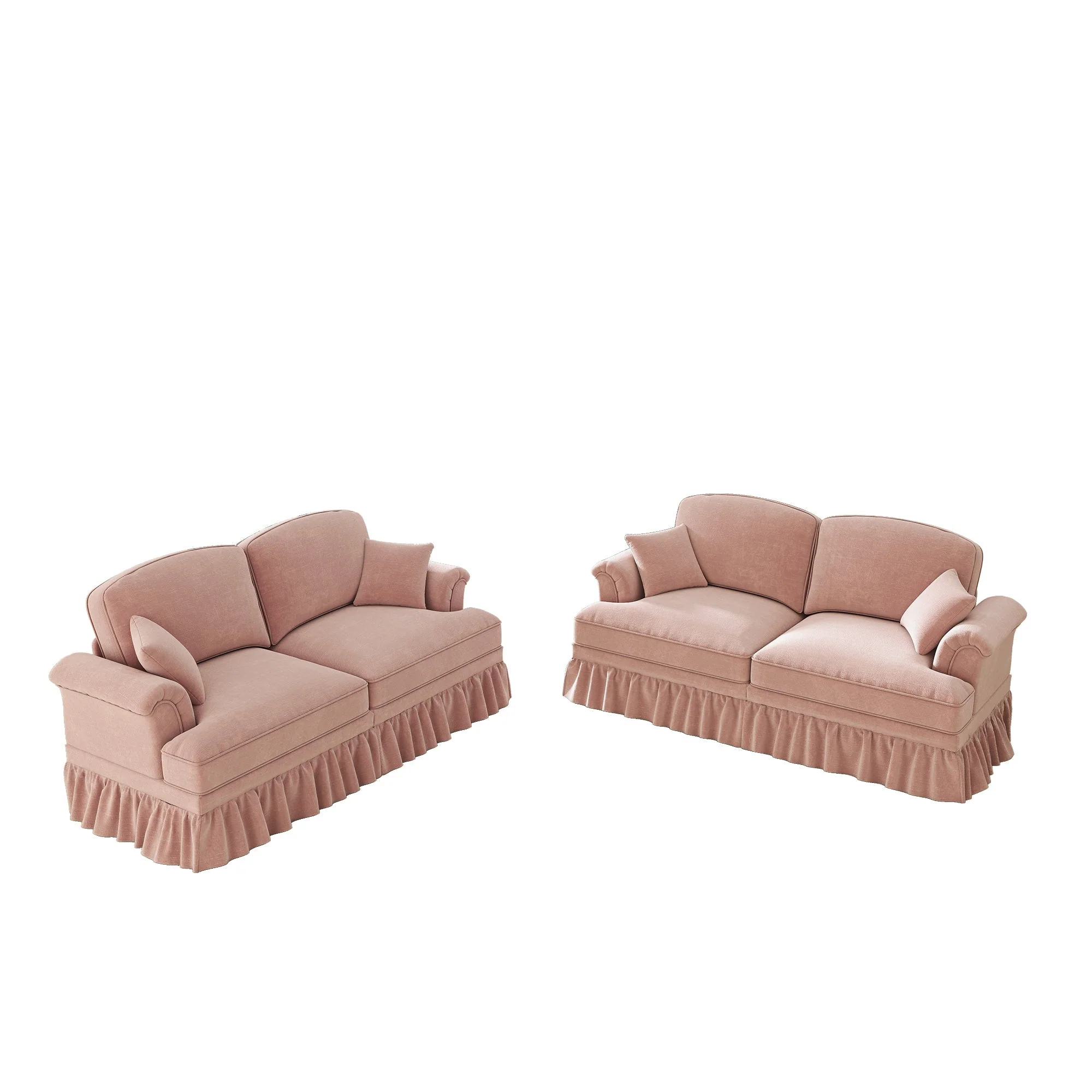 L-Shaped 2-Seater Sofa Mid-Century Movable Ottoman Chenille - Pink - Image 7