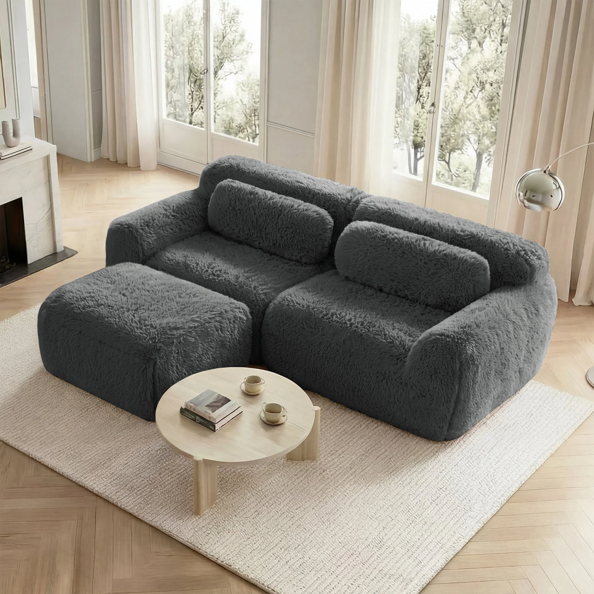 L-shaped 2-Seater Sofa, Modular Plush Fabric, Grey - Image 3