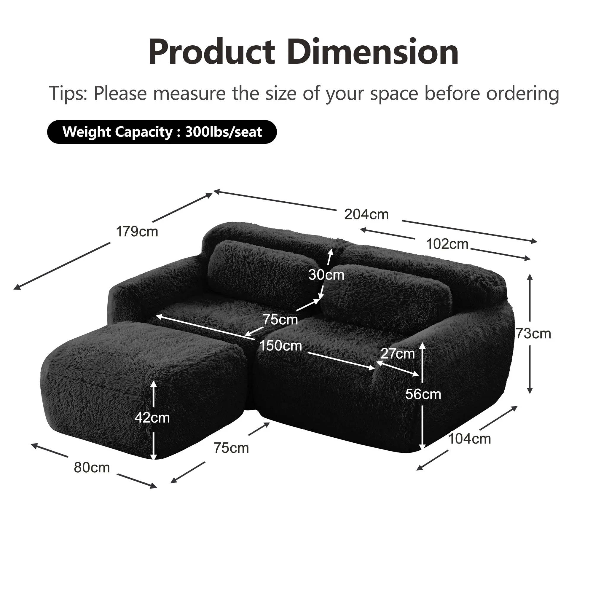 L-shaped 2-seater Sofa Modular Plush Fabric with Cushions - Black - Image 7