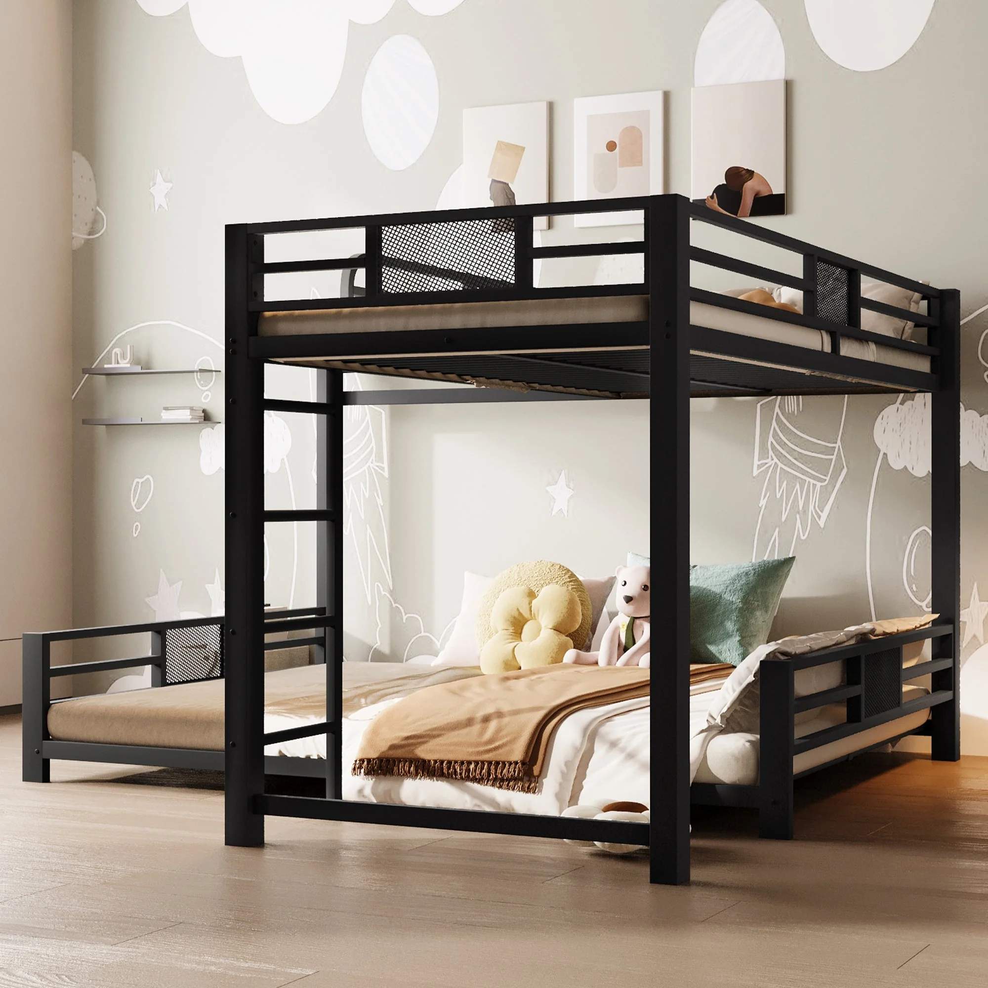 L-shaped Bunk Bed 90x200 over 140x200, Metal, Black - Image 4