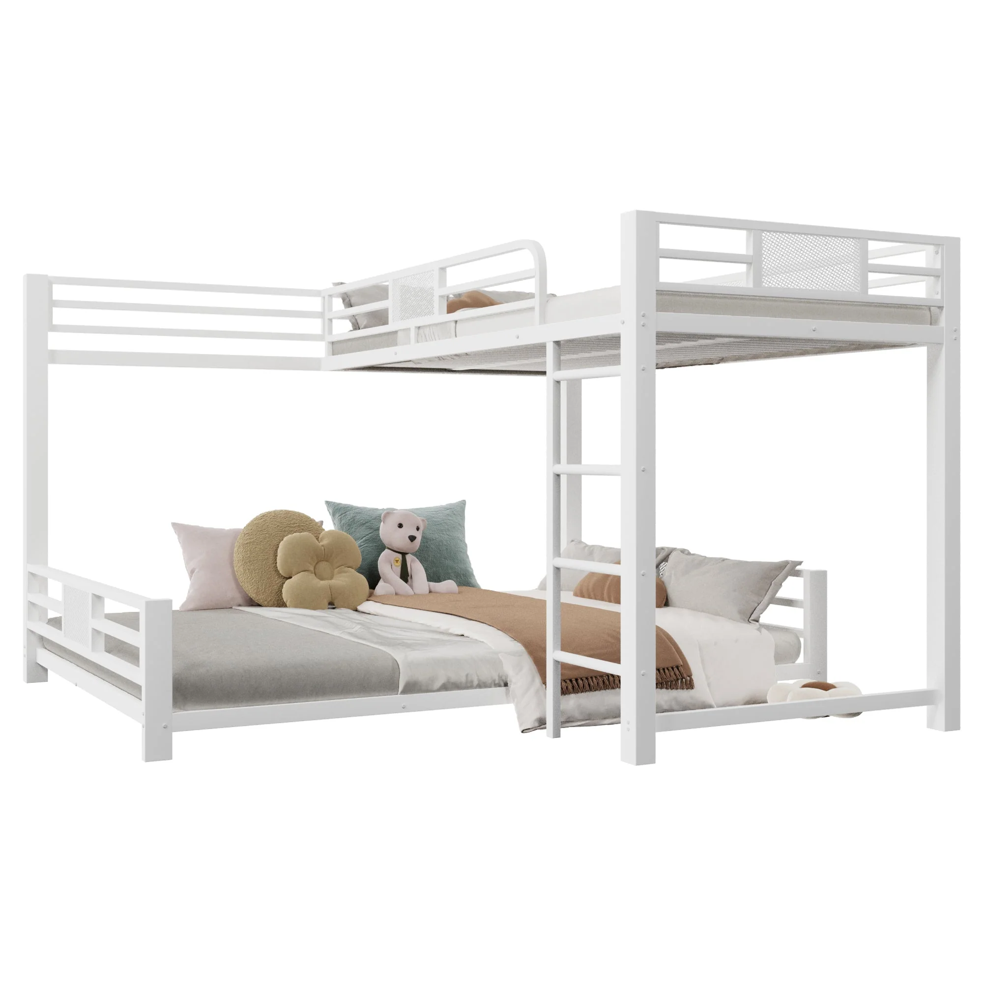 L-Shaped Bunk Bed with 90x200 and 140x200 Metal Frame, White - Image 5