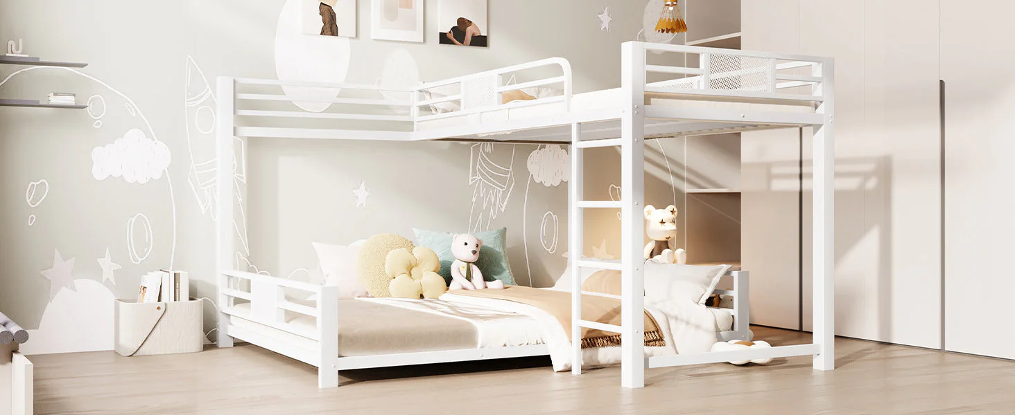 L-Shaped Bunk Bed with 90x200 and 140x200 Metal Frame, White - Image 8