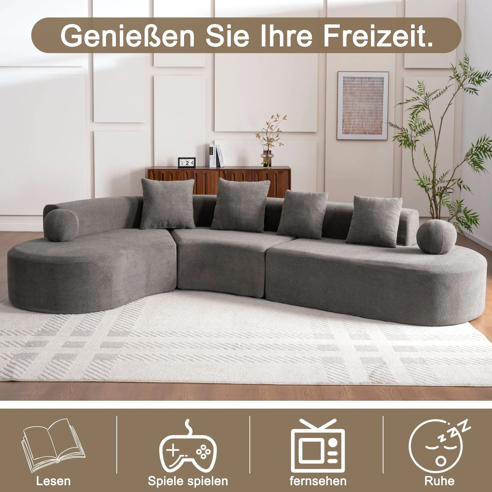 L-Shaped Cloud Sofa, 327cm Large Arched Corner Couch with Thick Padding, Cream White - Image 3