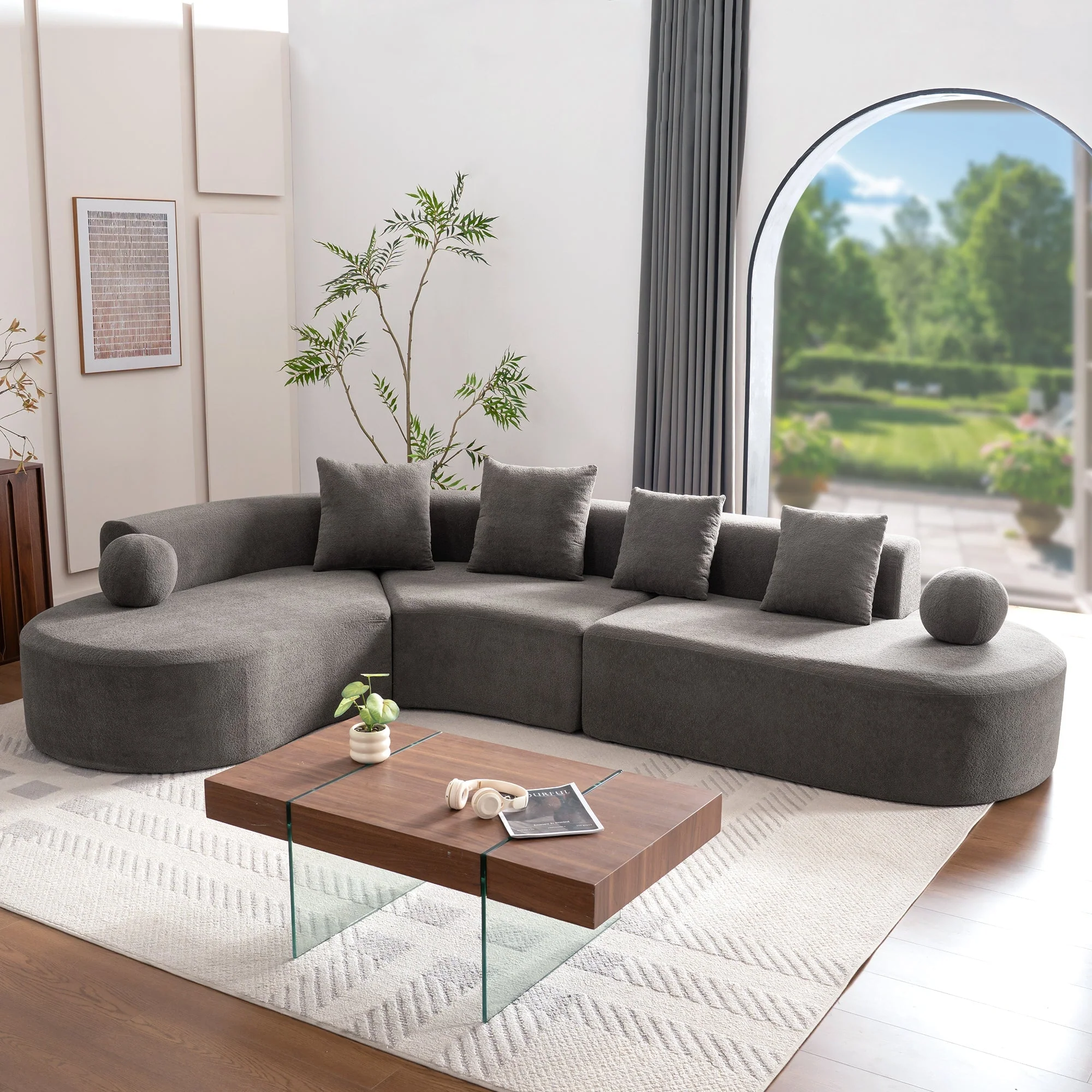 L-Shaped Cloud Sofa, 327cm Large Arched Corner Couch with Thick Padding, Cream White - Image 9