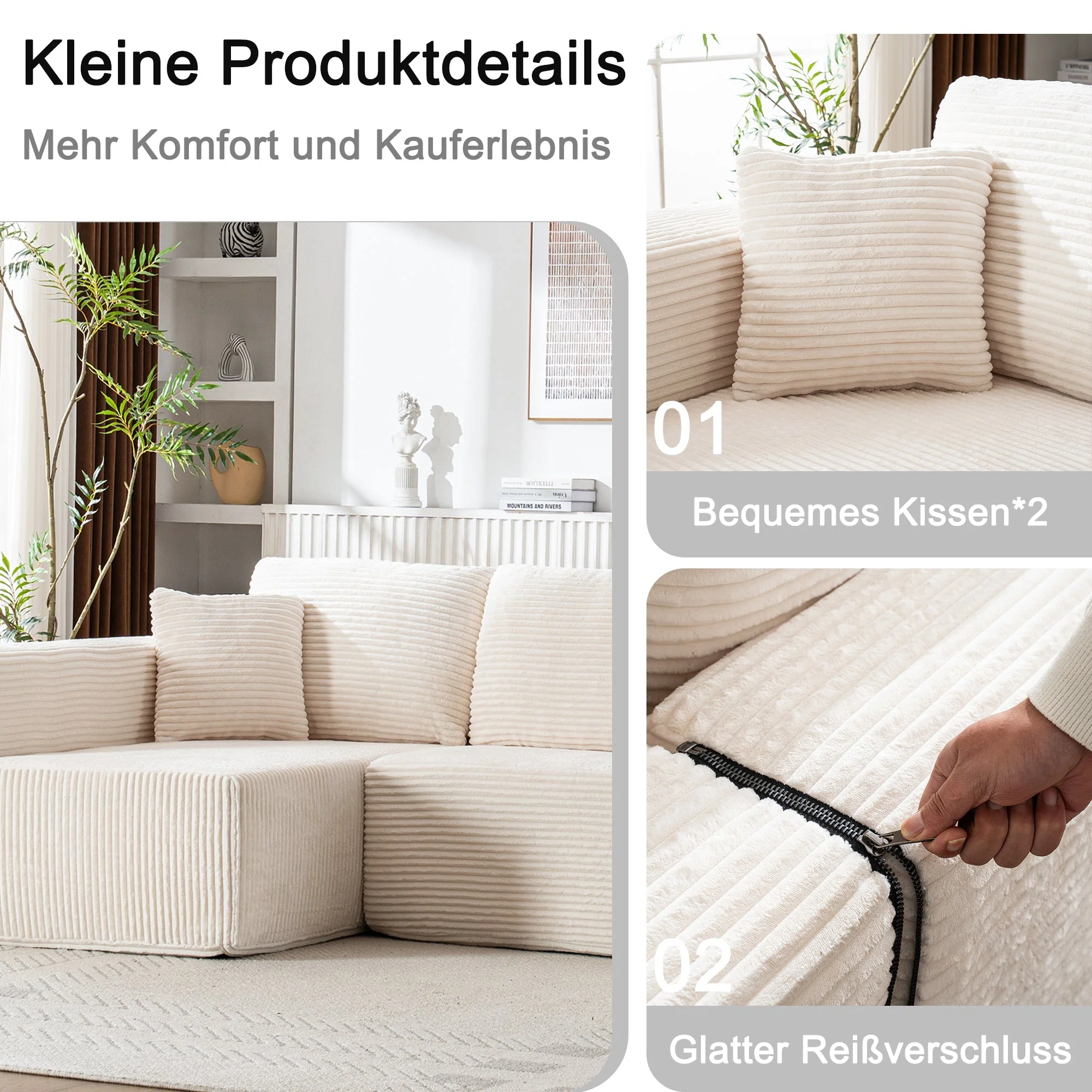 L-Shaped Cloud Sofa, Modern Modular Chaise Lounge, No Assembly, Core Fabric - Image 3