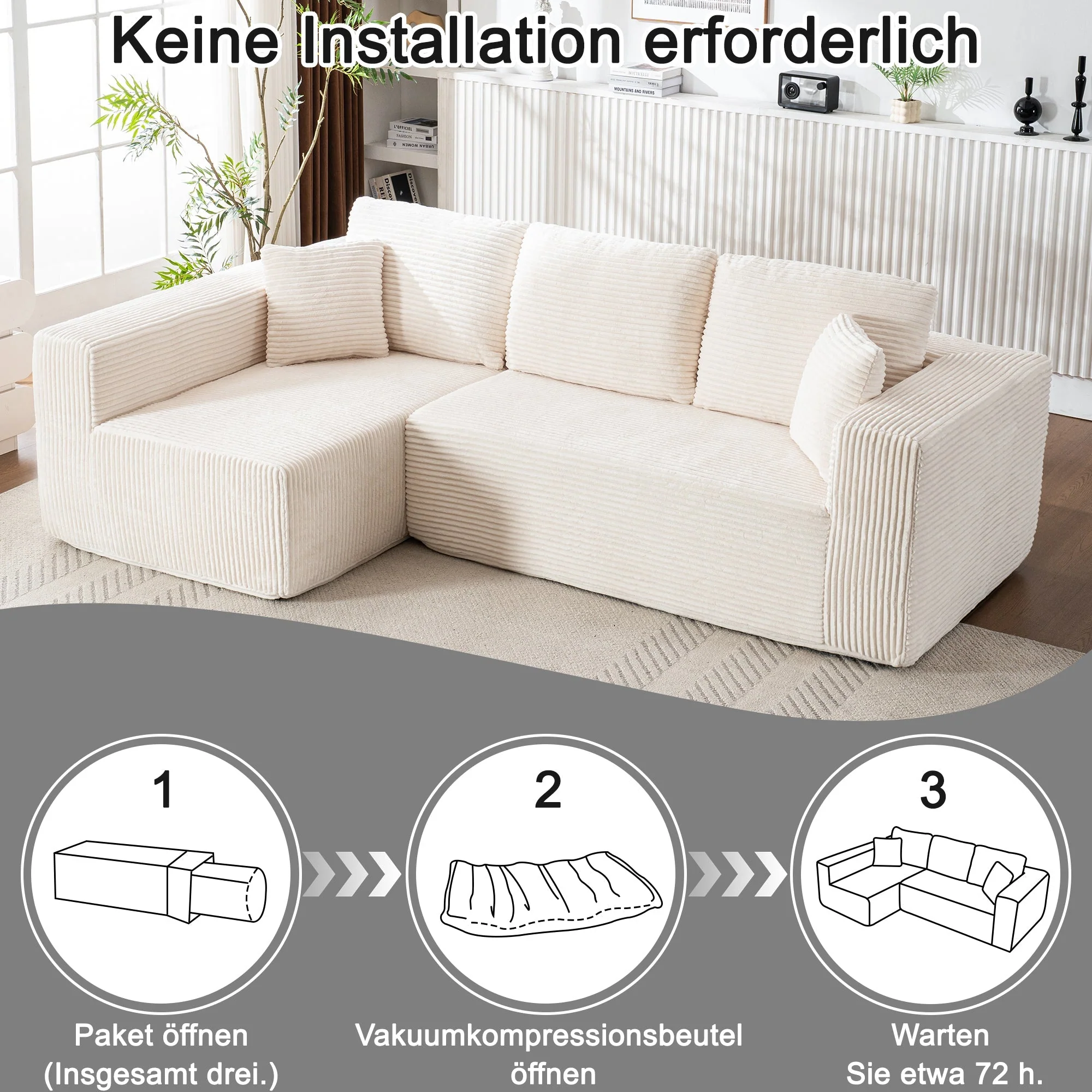 L-Shaped Cloud Sofa, Modern Modular Chaise Lounge, No Assembly, Core Fabric - Image 4