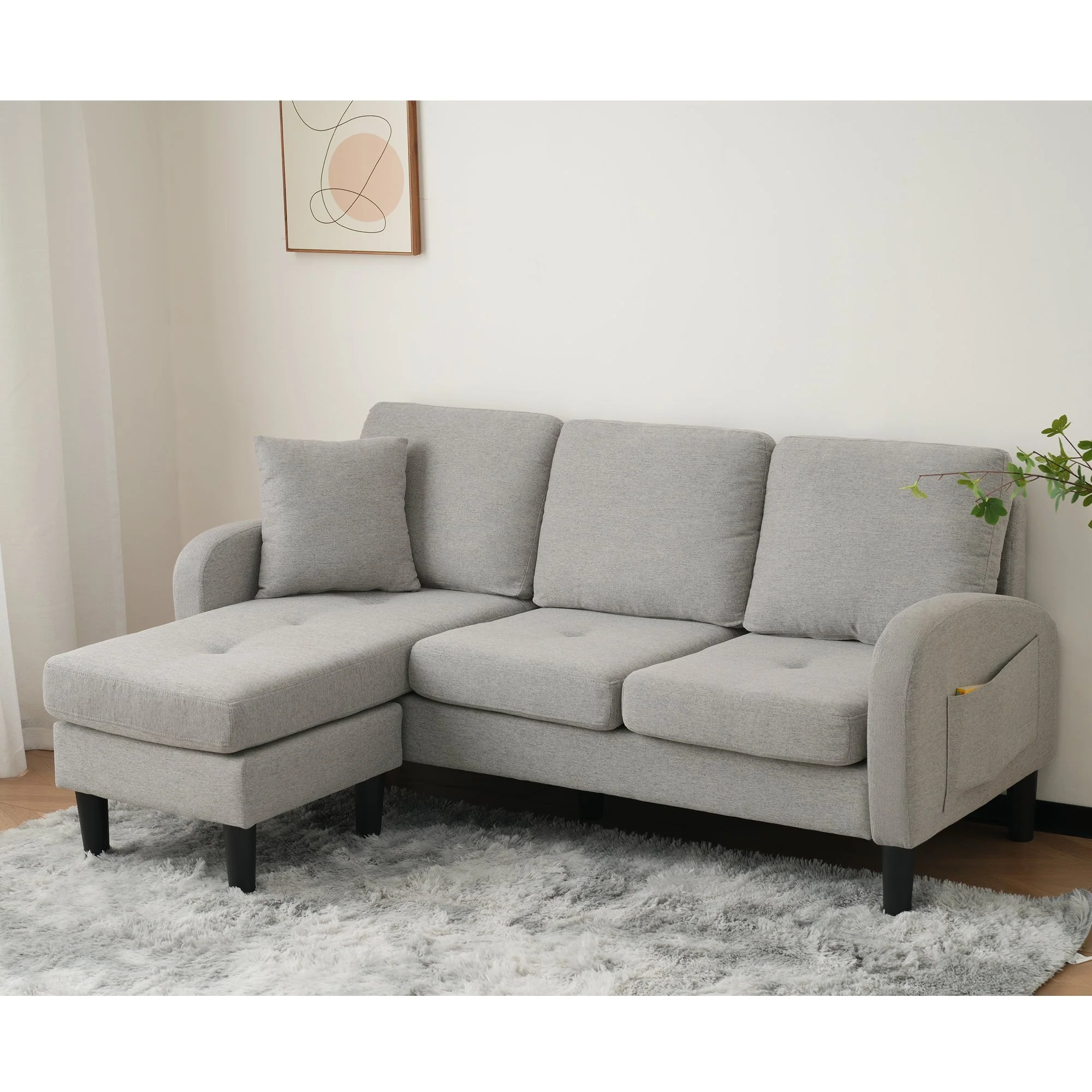 L-shaped Corner Sofa 3-Seater Chaise Longue Modular - Cotton-Linen - Image 3