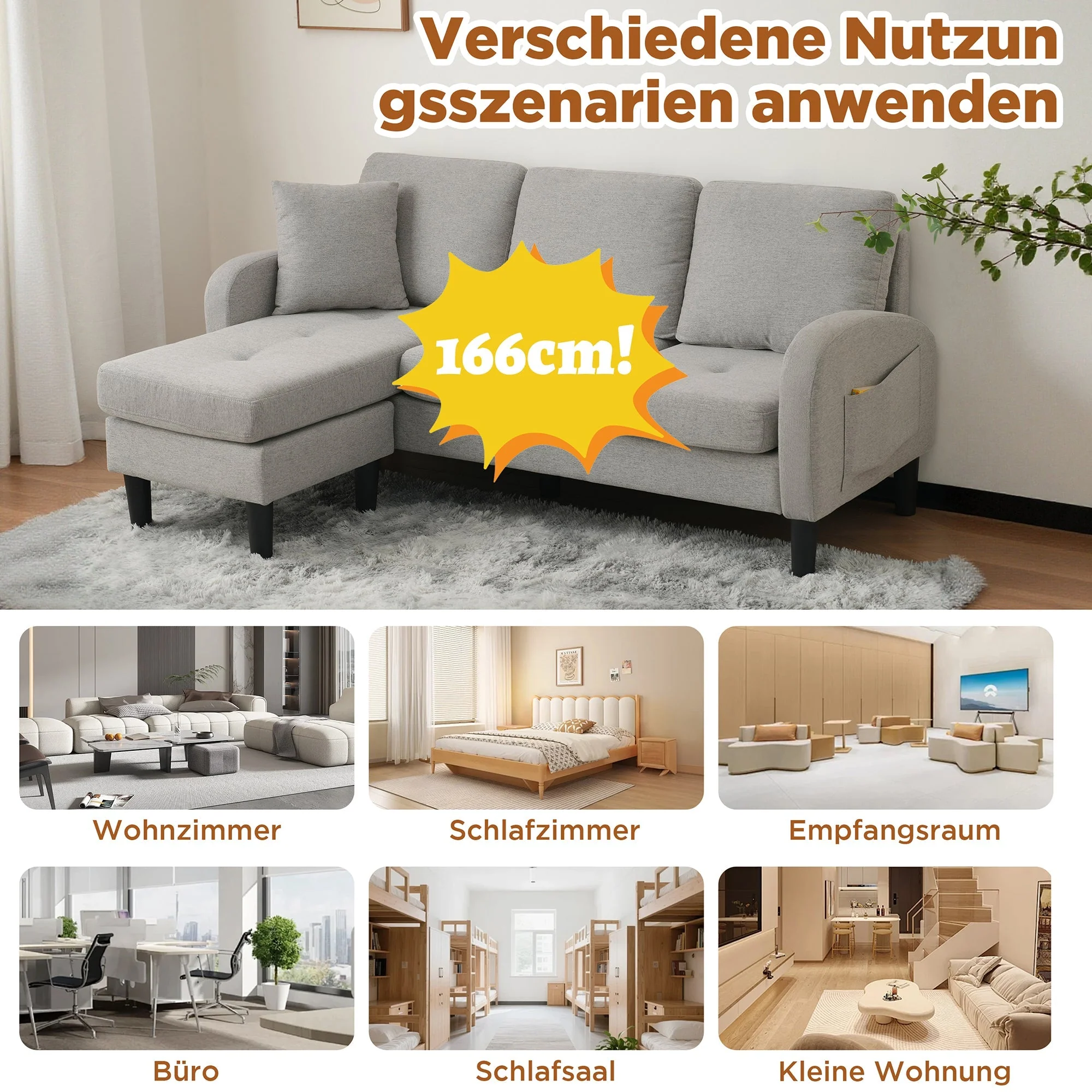 L-shaped Corner Sofa 3-Seater Chaise Longue Modular - Cotton-Linen - Image 5