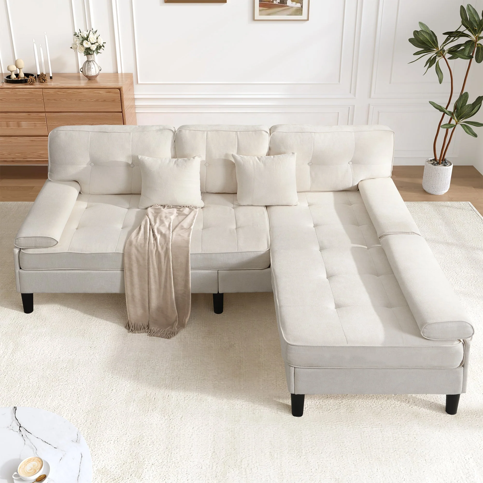 L-Shaped Corner Sofa 3-Seater Sleeper Sofa Bed w/ Chaise & Movable Footrest 195cm - Chenille - Image 4