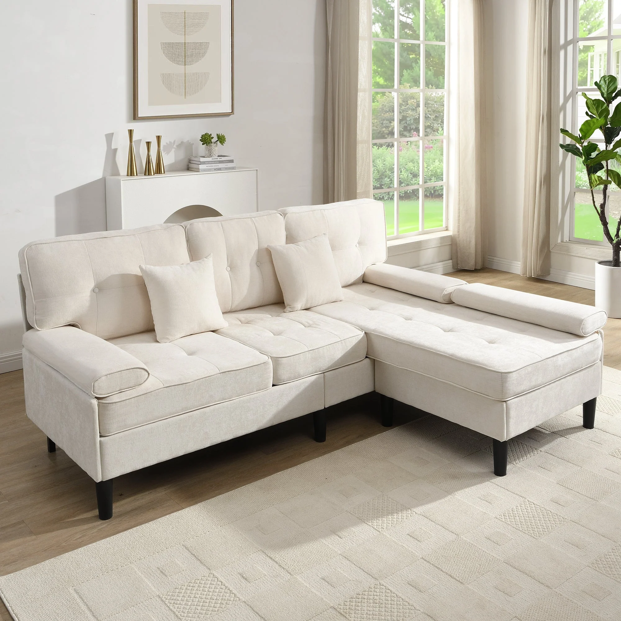 L-Shaped Corner Sofa 3-Seater Sleeper Sofa Bed w/ Chaise & Movable Footrest 195cm - Chenille - Image 5