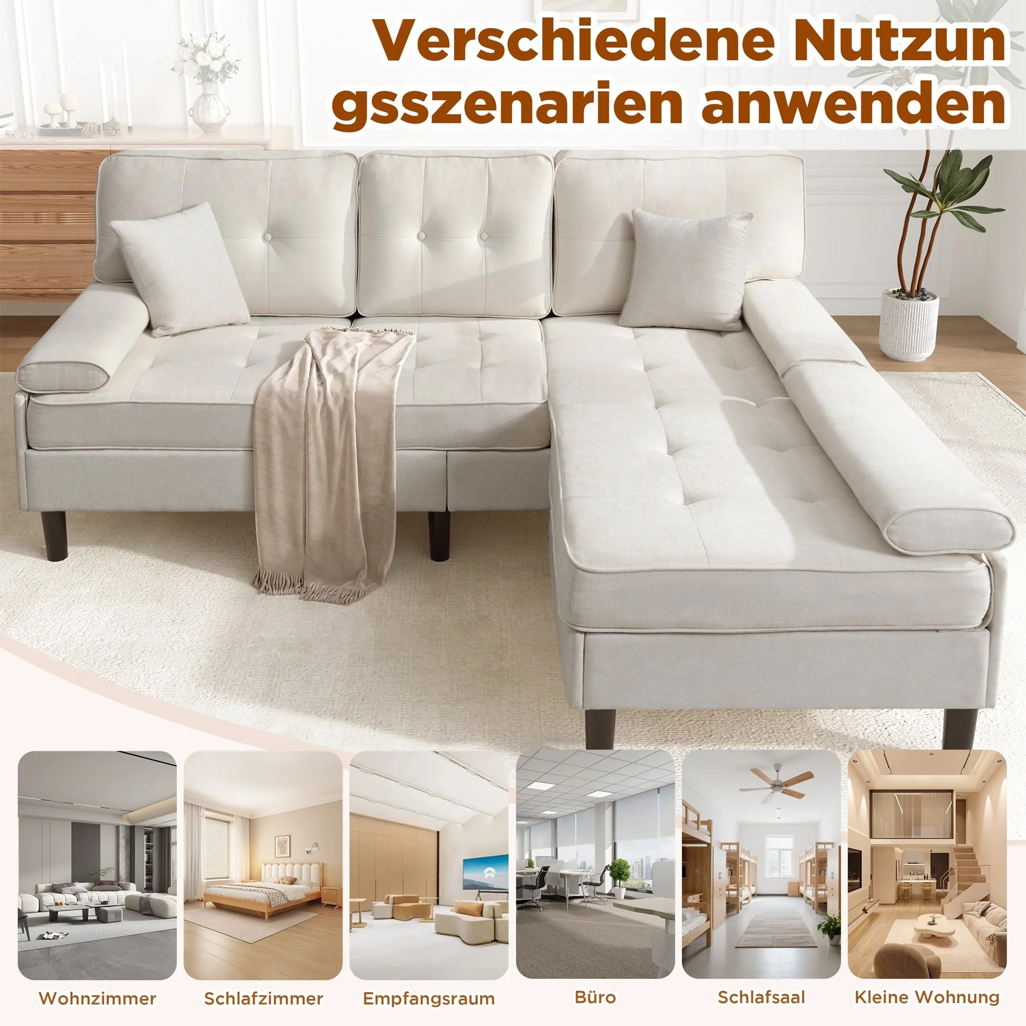 L-Shaped Corner Sofa 3-Seater Sleeper Sofa Bed w/ Chaise & Movable Footrest 195cm - Chenille - Image 6