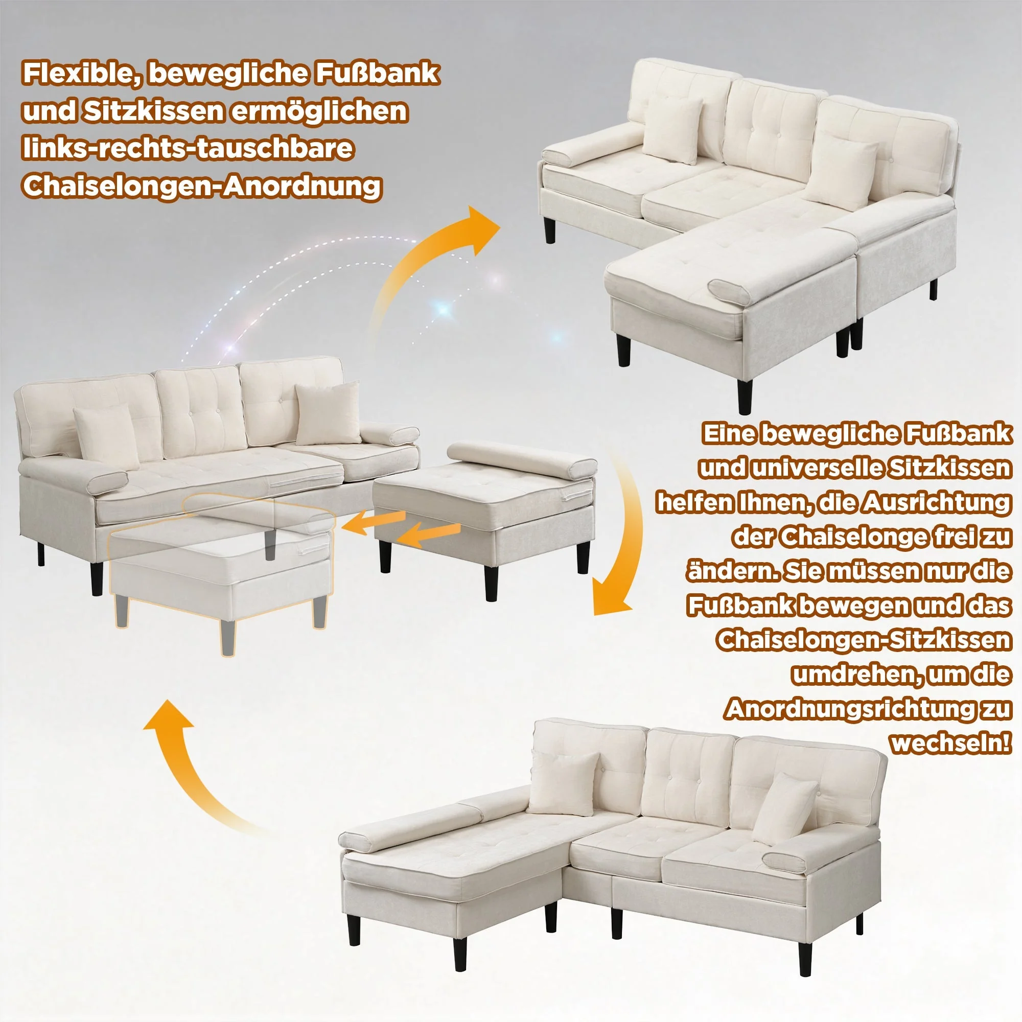 L-Shaped Corner Sofa 3-Seater Sleeper Sofa Bed w/ Chaise & Movable Footrest 195cm - Chenille - Image 8