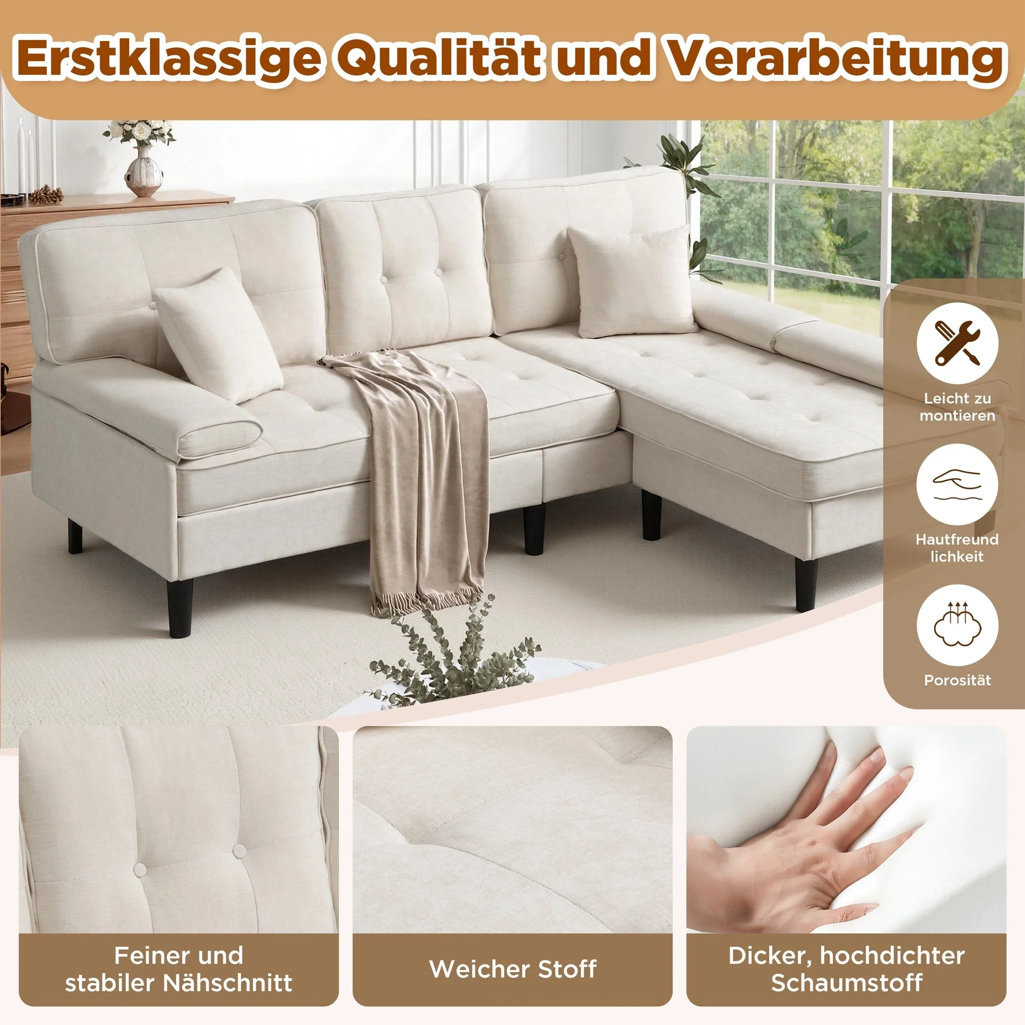 L-Shaped Corner Sofa 3-Seater Sleeper Sofa Bed w/ Chaise & Movable Footrest 195cm - Chenille - Image 9