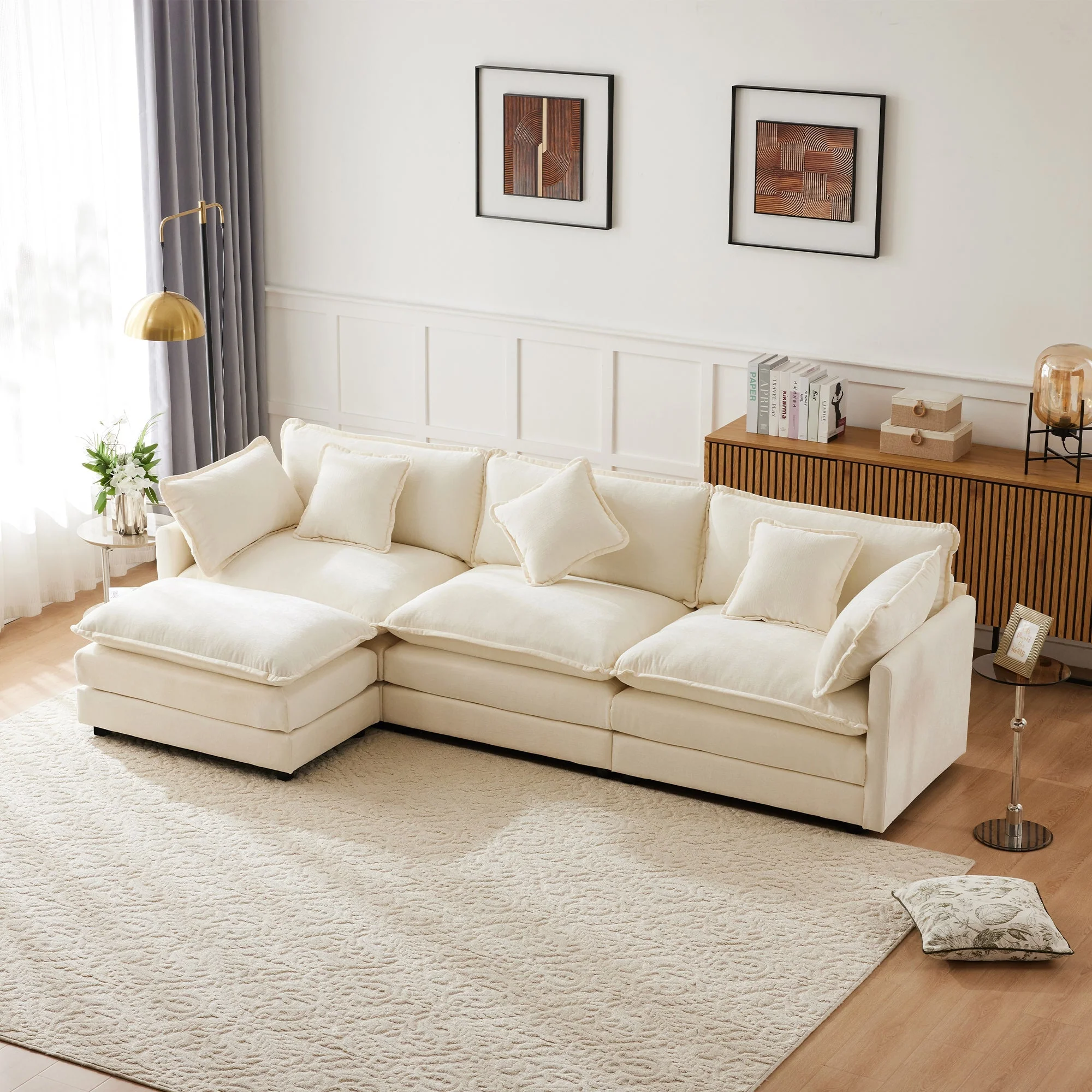 L-Shaped Corner Sofa 3-Seater Upholstered with Footrest, Modern Chenille Fabric - Image 3