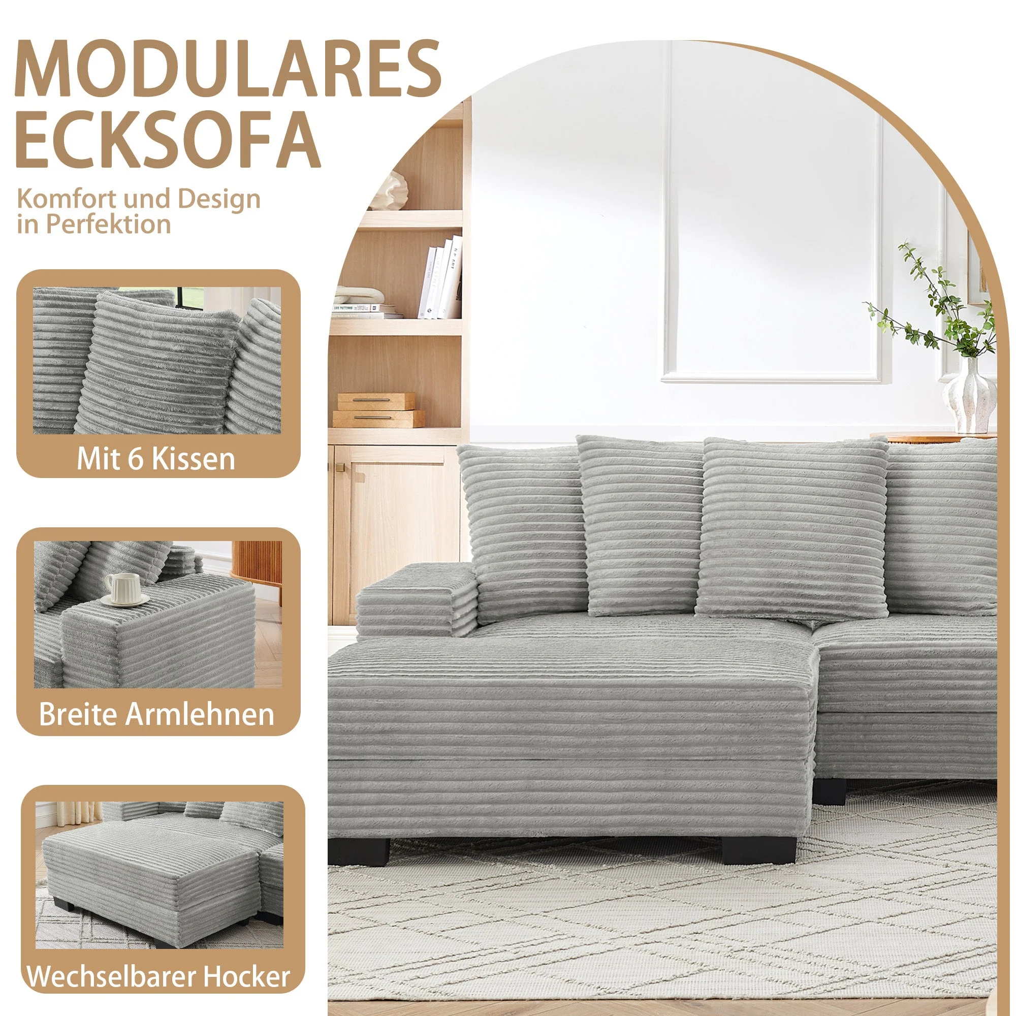 L-shaped Corner Sofa 4-Seater Modular Corduroy with 6 Cushions - Gray - Image 3