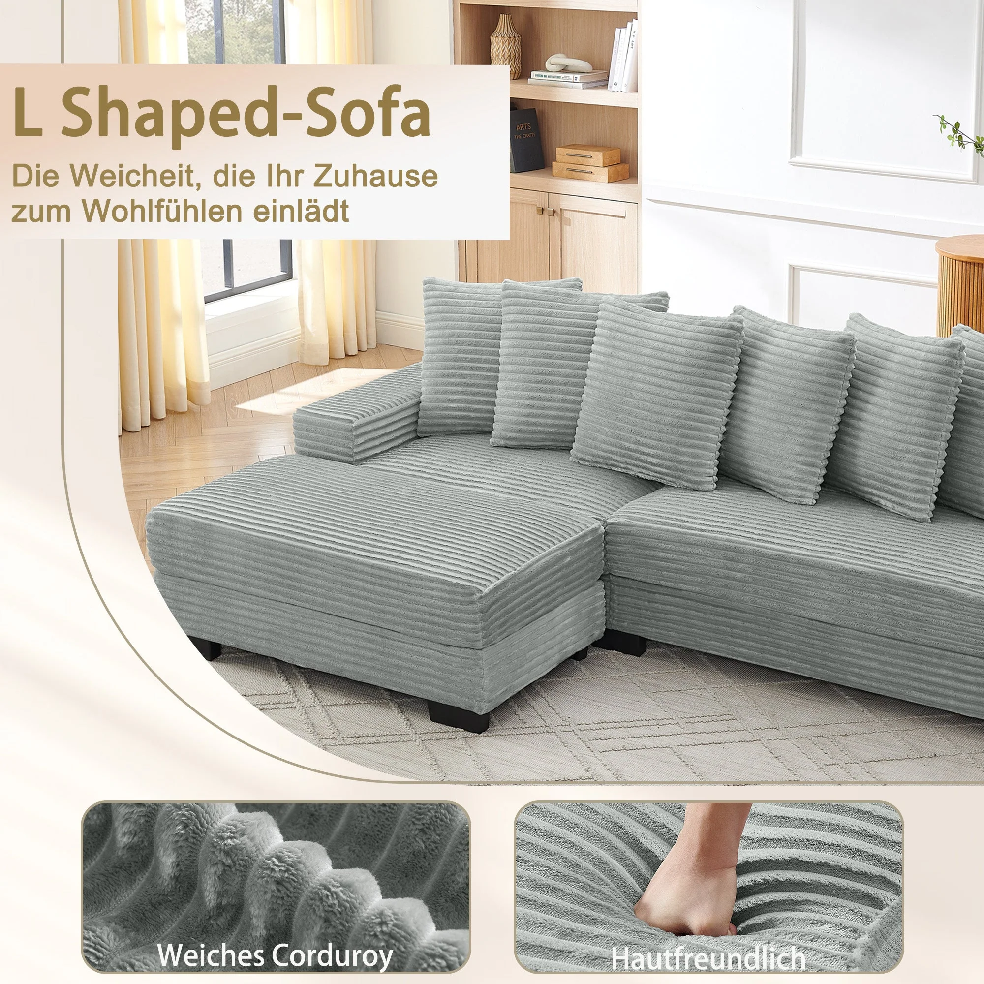 L-shaped Corner Sofa 4-Seater Modular Corduroy with 6 Cushions - Gray - Image 4