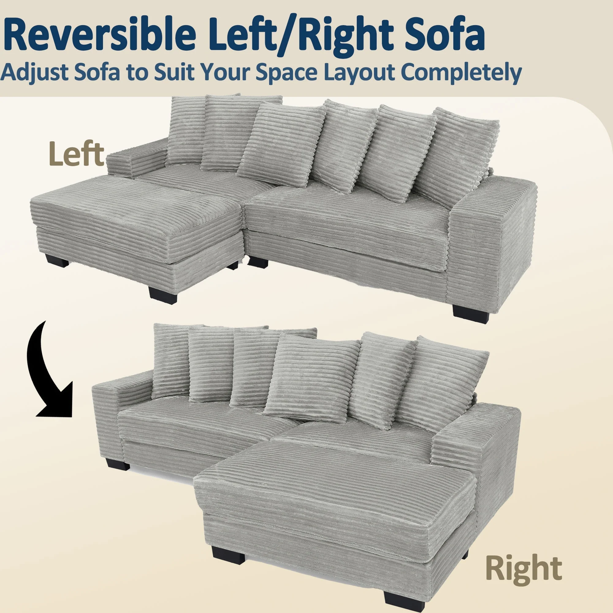 L-shaped Corner Sofa 4-Seater Modular Corduroy with 6 Cushions - Gray - Image 8