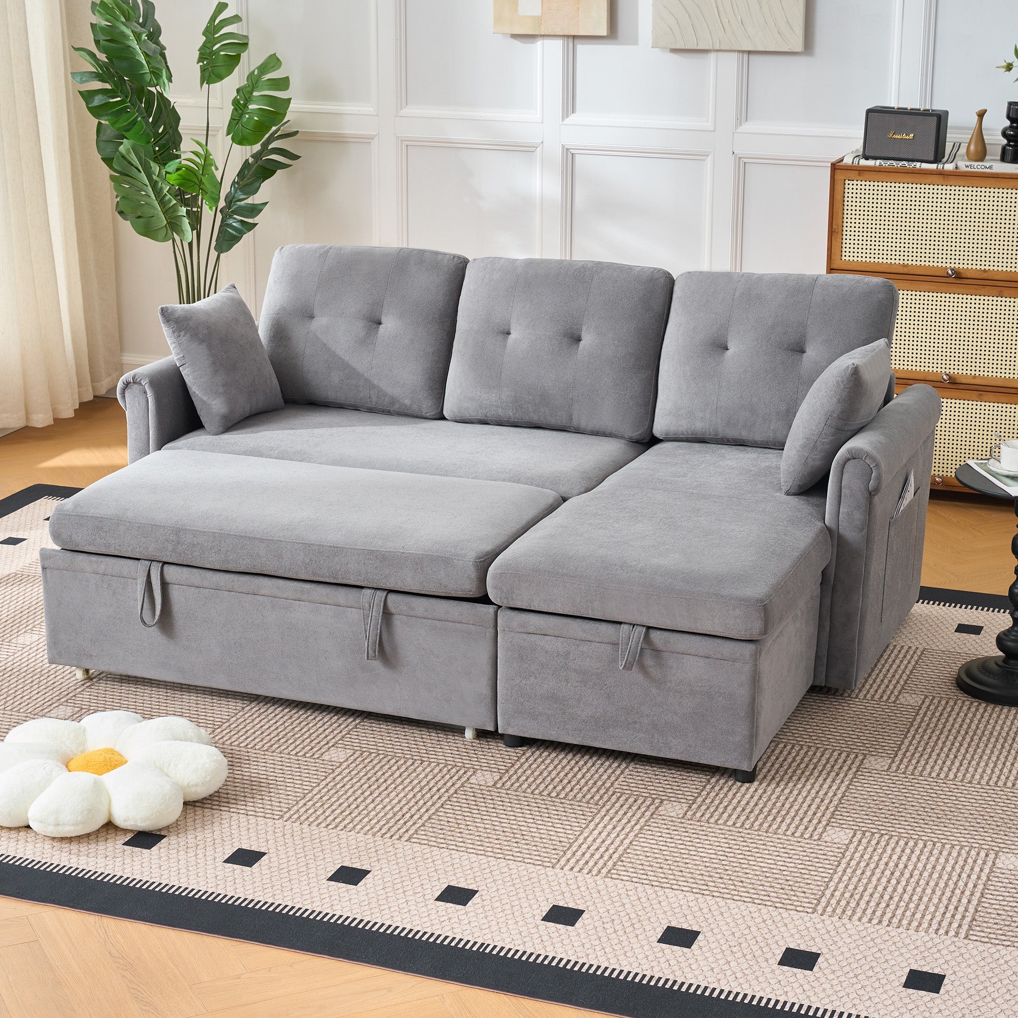 L-Shaped Corner Sofa Bed with Storage, Sleeping Function, Reversible, Chenille Grey - Image 5
