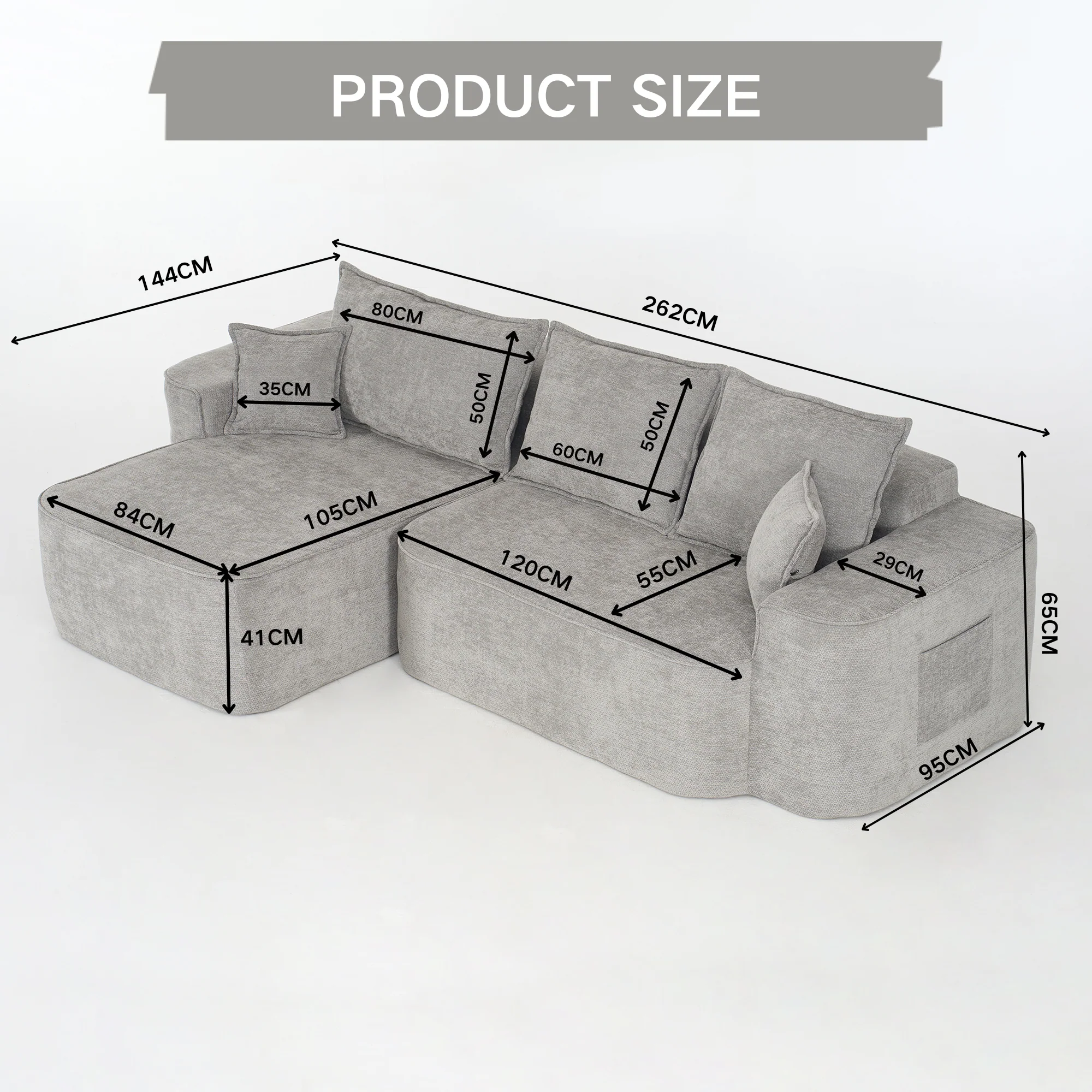 L-Shaped Corner Sofa Cloud Couch Modular Chaise XXL Deep Seat 262cm - Chenille Grey - Image 2