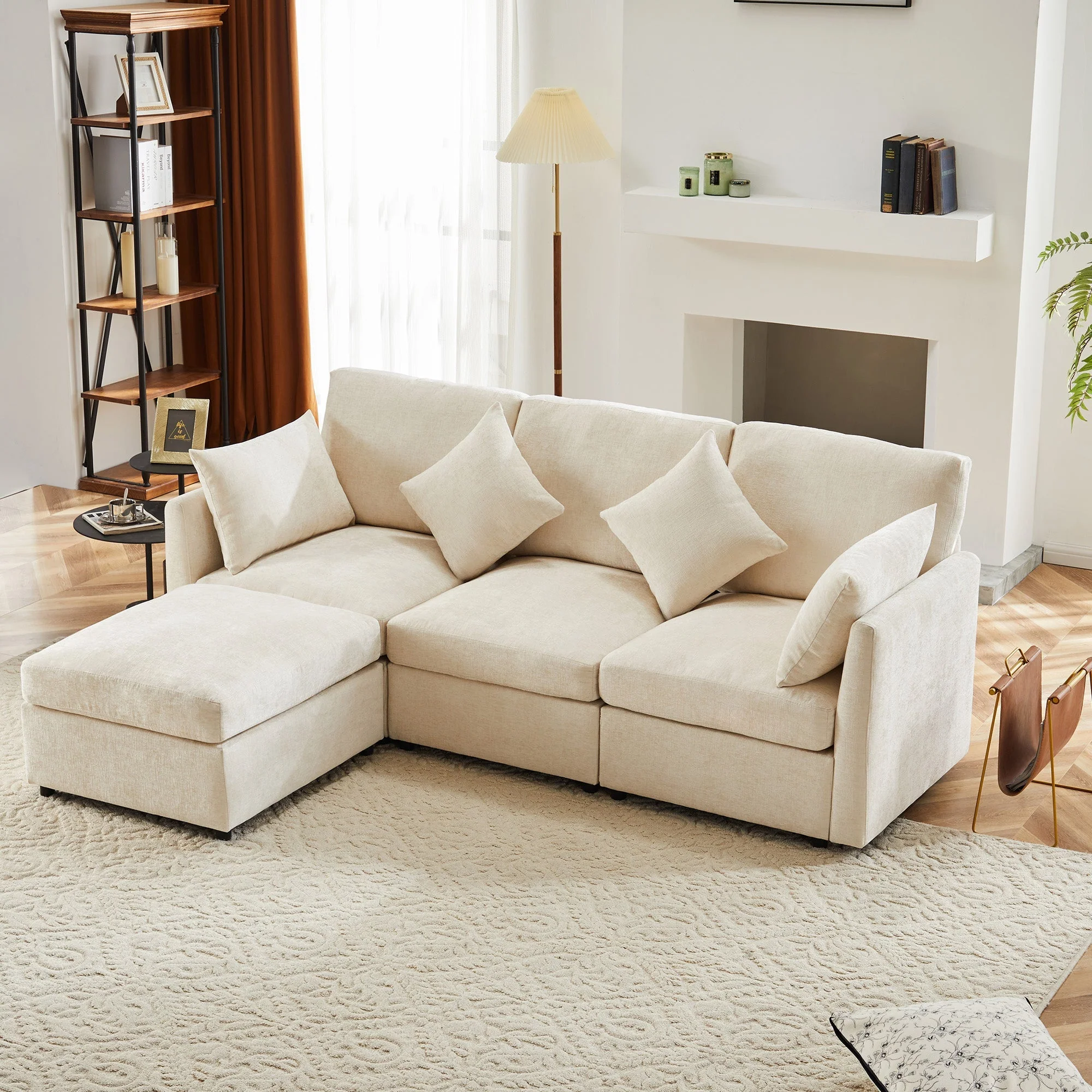 L-Shaped Corner Sofa Modern 3-Seater 4-Seater Footstool - Chenille Fabric - Image 5