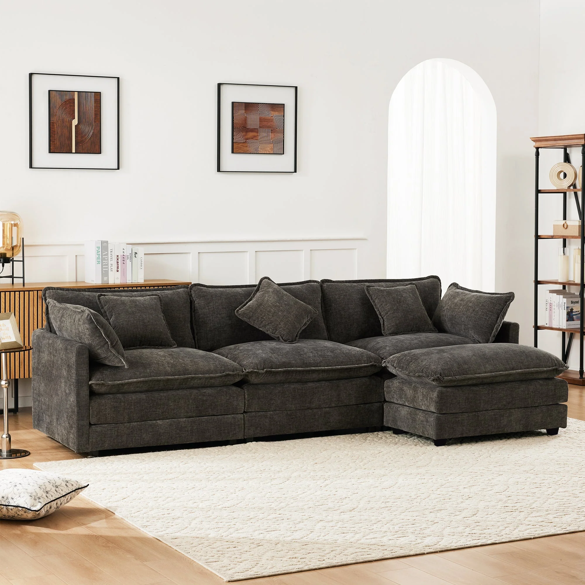 L-Shaped Corner Sofa with Footrest, 3-Seater Upholstered, Chenille Fabric - Image 4