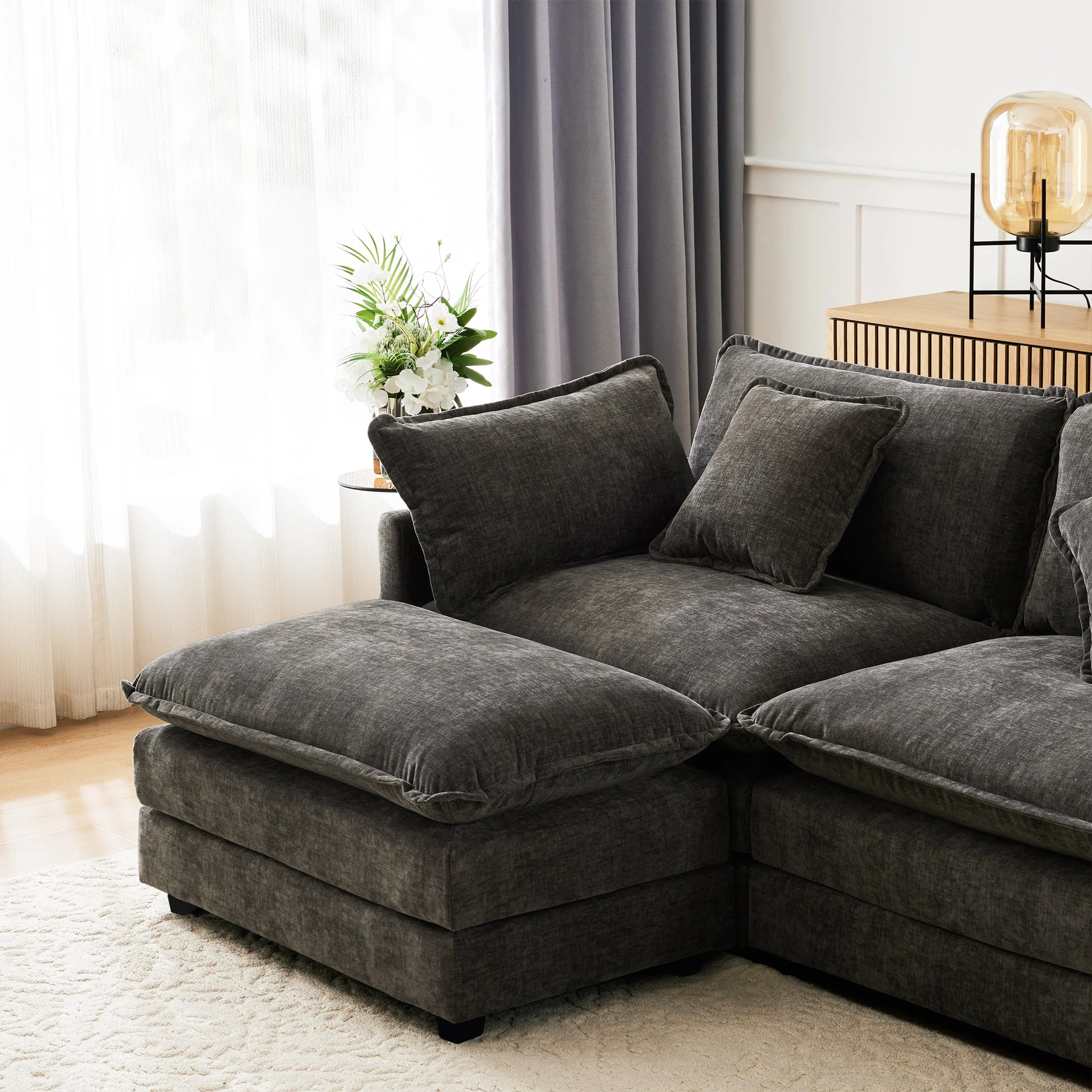L-Shaped Corner Sofa with Footrest, 3-Seater Upholstered, Chenille Fabric - Image 7