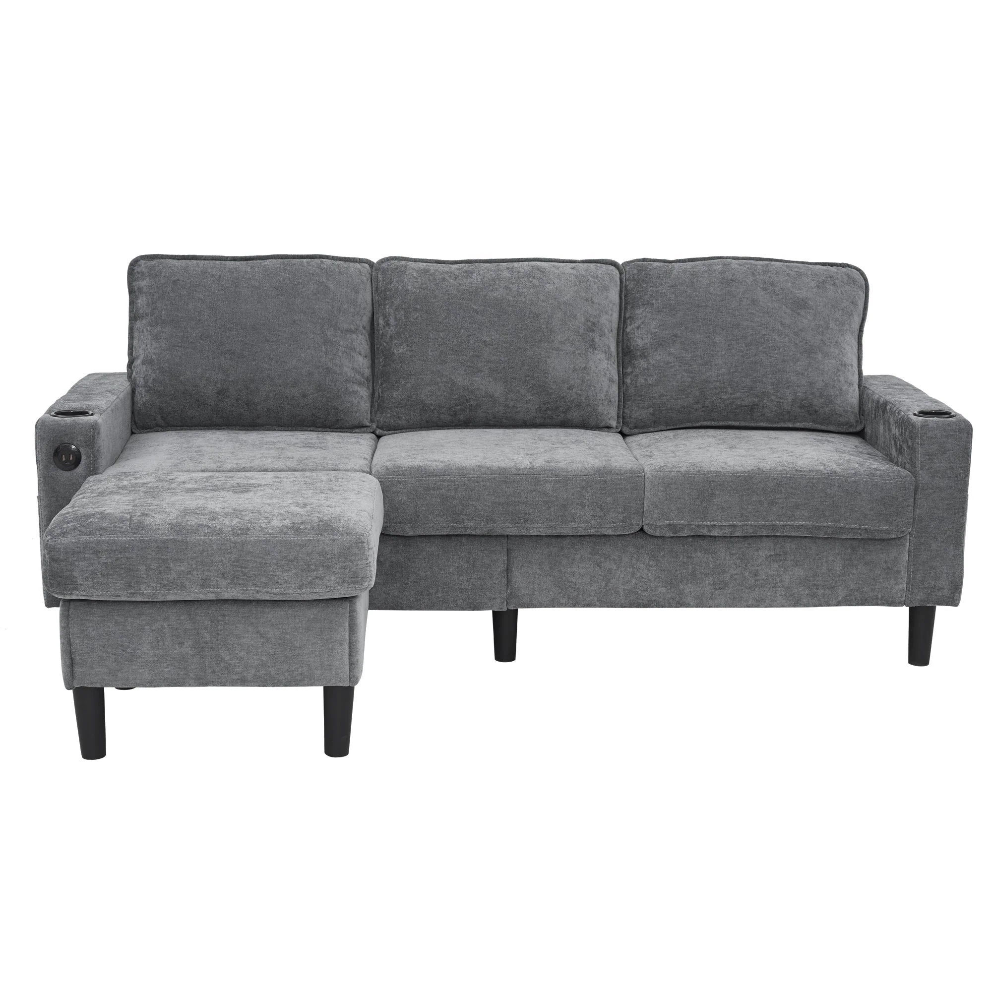 L-Shaped Couch Sofa, Corner 3 Seater Sectional with USB and Cup Holder (Grey) - Image 2
