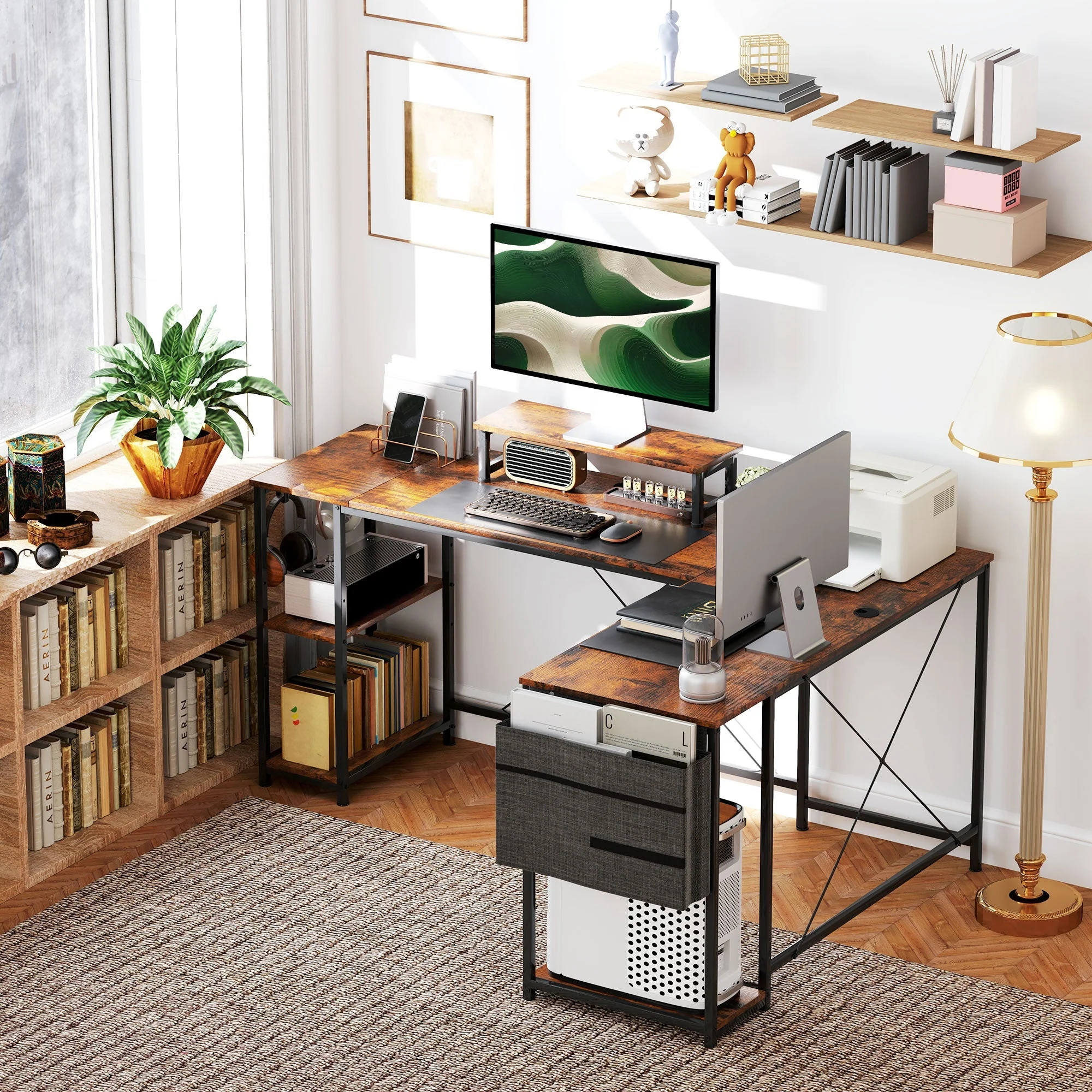 L-Shaped Desk with Corner Storage, Monitor Stand, Reversible - Rustic Brown - Image 8