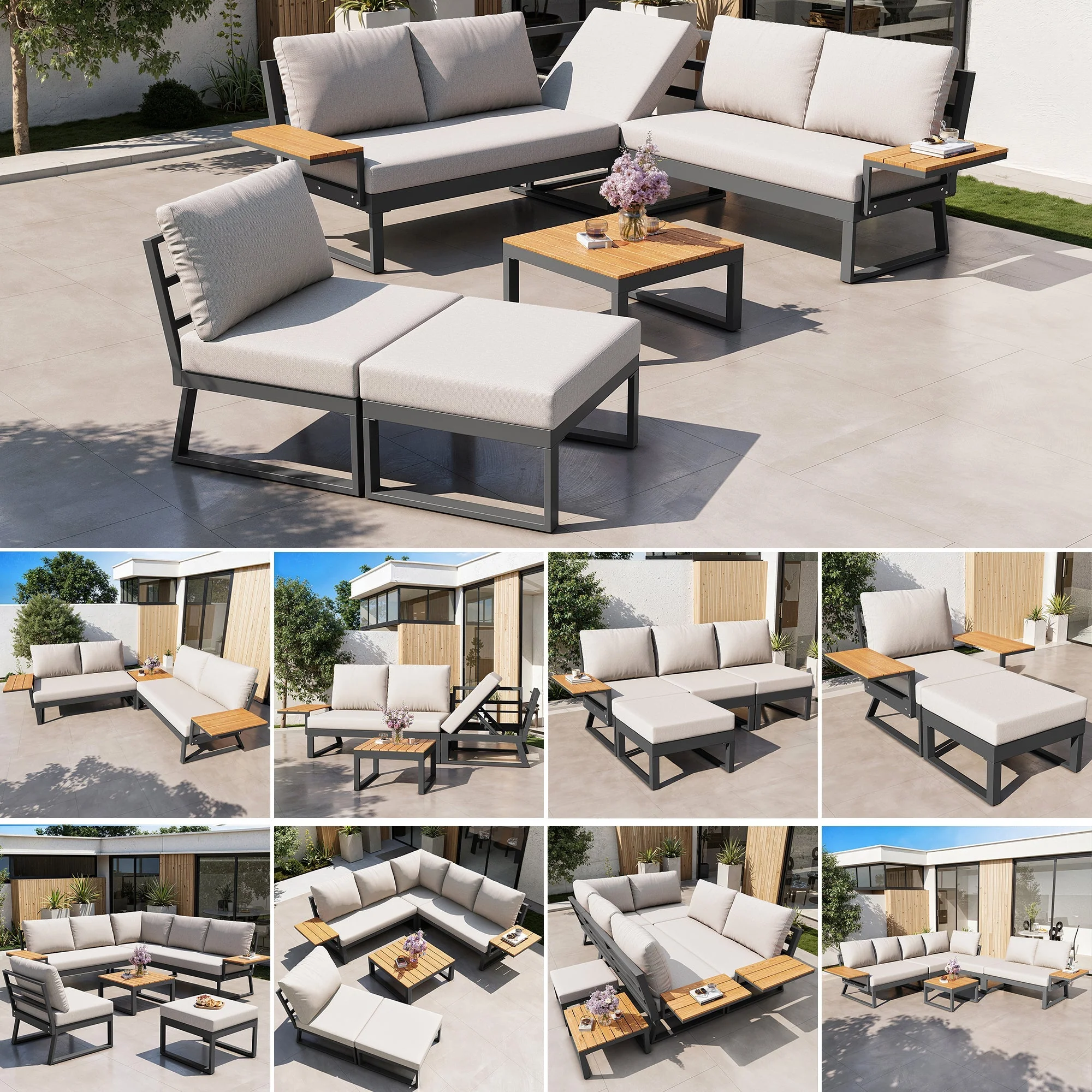 L-shaped Garden Sofa Set 7-Seater Lounger with Table Armchair Stool - Grey/Beige - Image 2