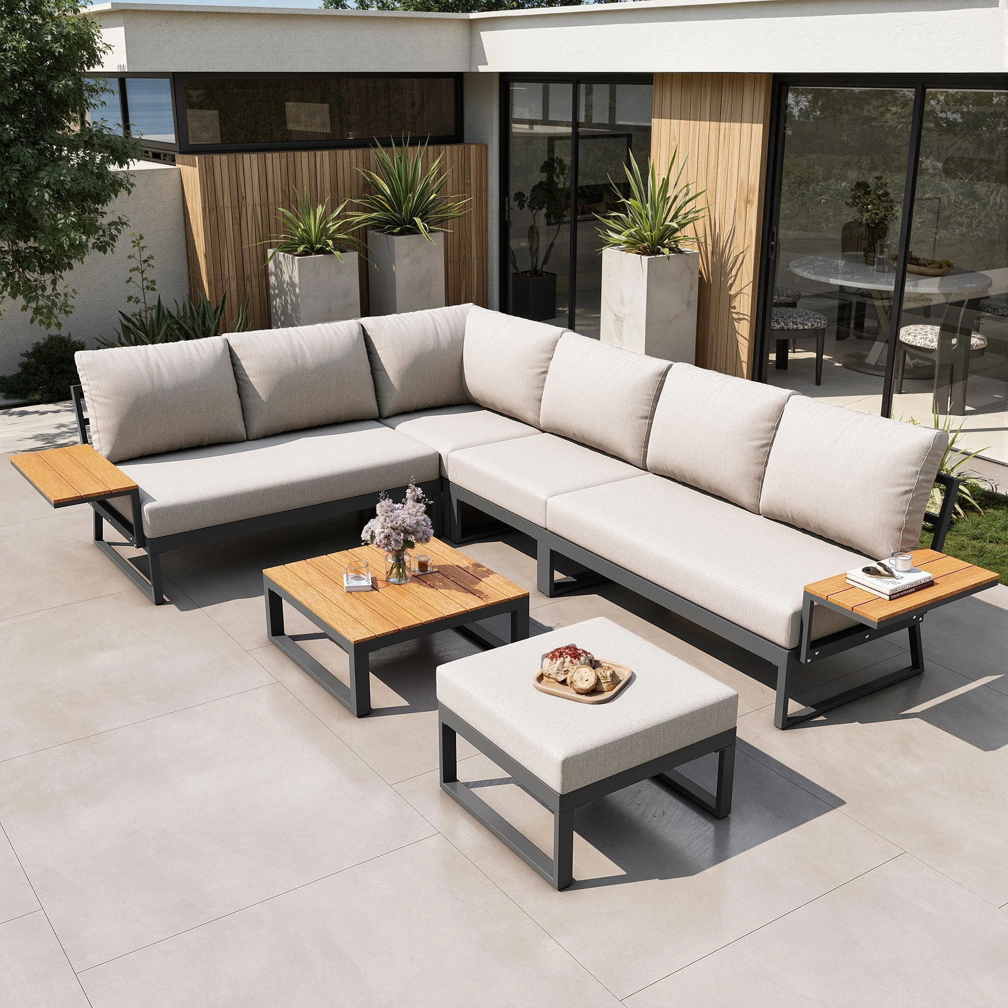 L-shaped Garden Sofa Set 7-Seater Lounger with Table Armchair Stool - Grey/Beige - Image 3