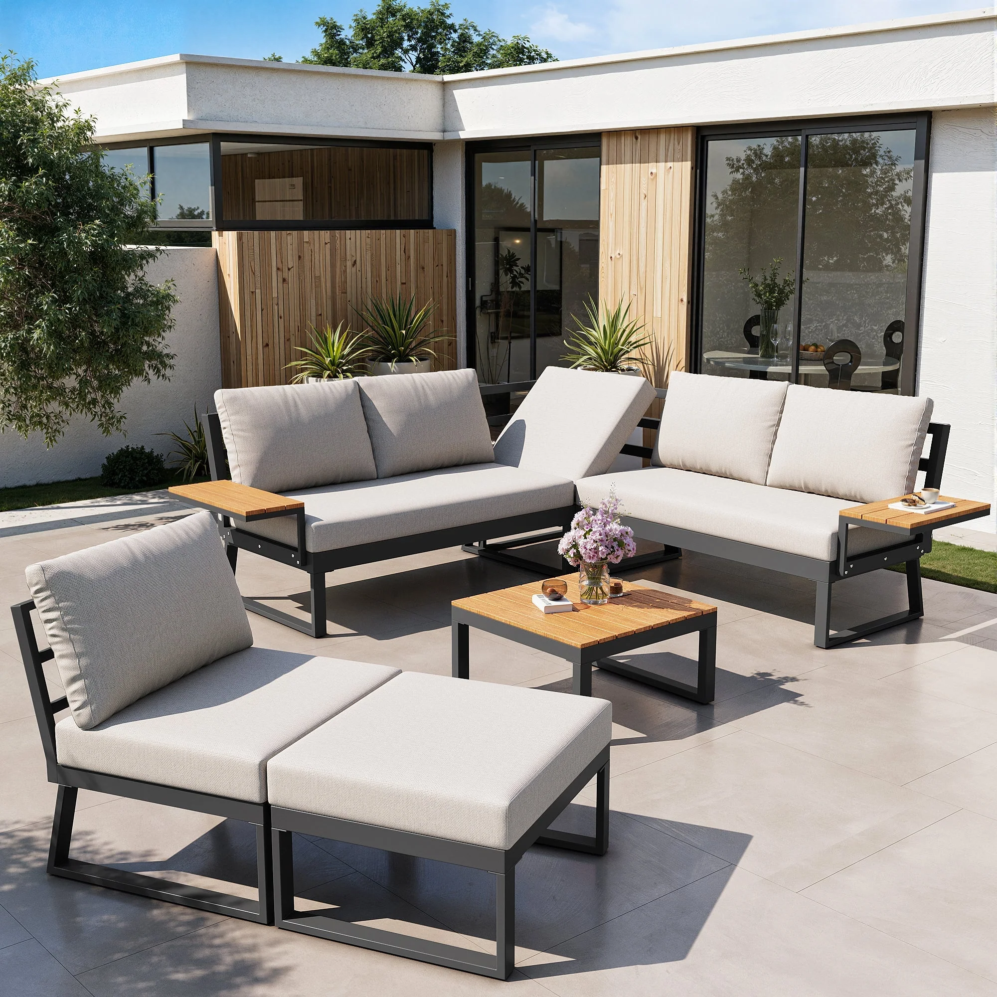 L-shaped Garden Sofa Set 7-Seater Lounger with Table Armchair Stool - Grey/Beige - Image 6