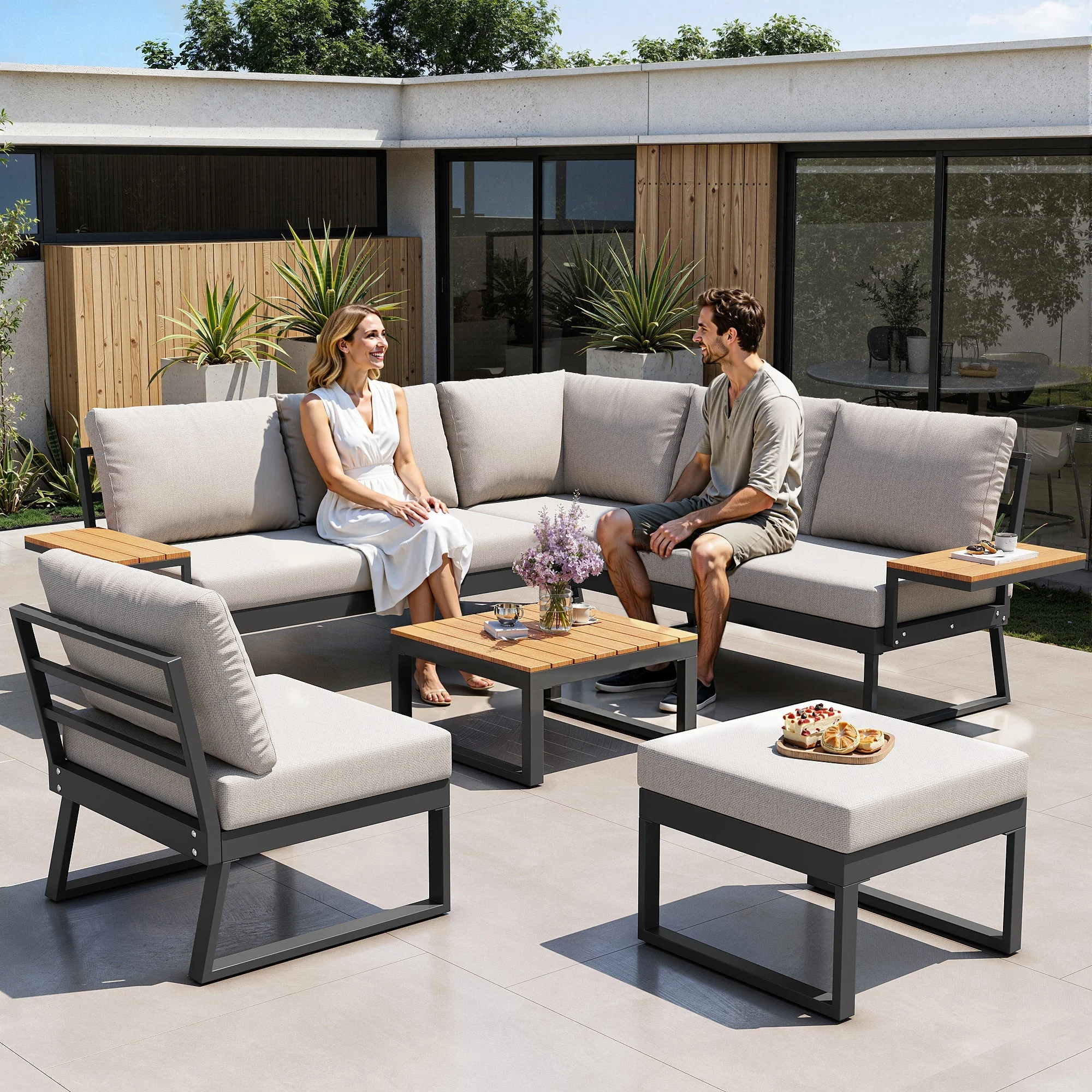 L-shaped Garden Sofa Set 7-Seater Lounger with Table Armchair Stool - Grey/Beige - Image 7