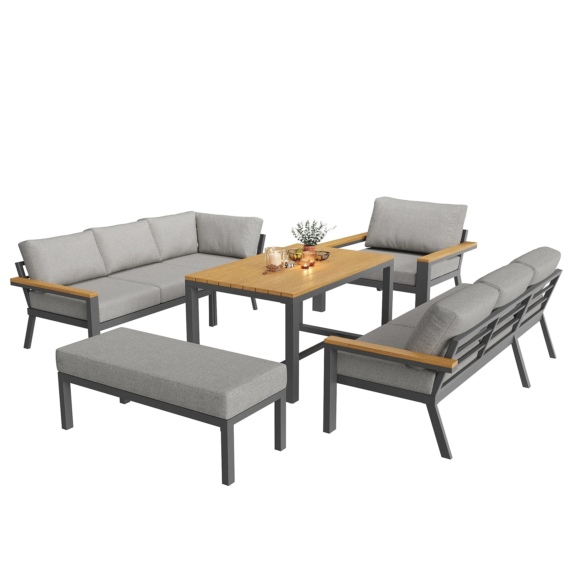 L-Shaped Garden Sofa Set 8-Person Iron Frame Wood Table - Grey Cushions - Image 10