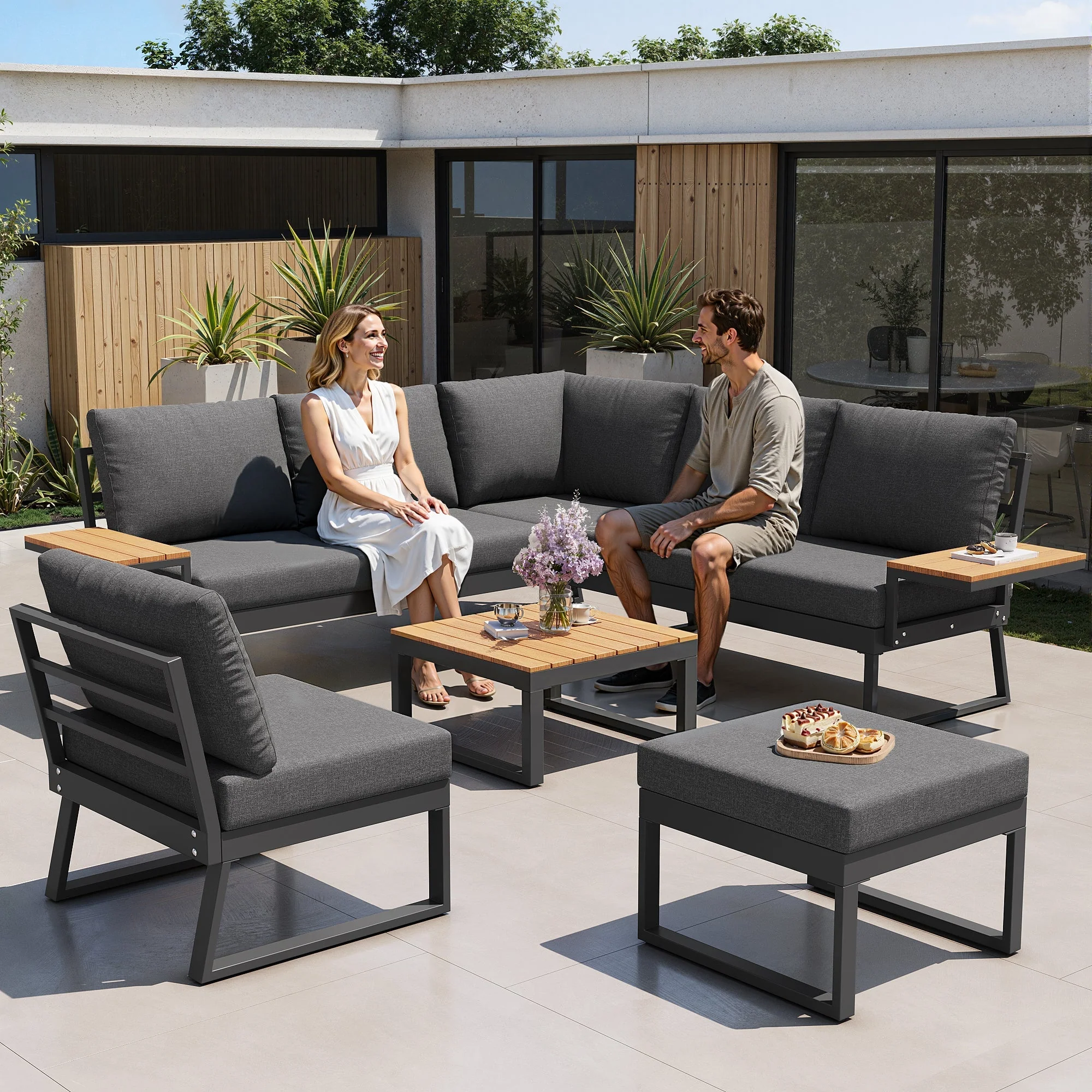 L-shaped Garden Sofa Set Weatherproof 7-Seater Corner Lounger Wooden Armrests Iron Grey/Beige - Image 3