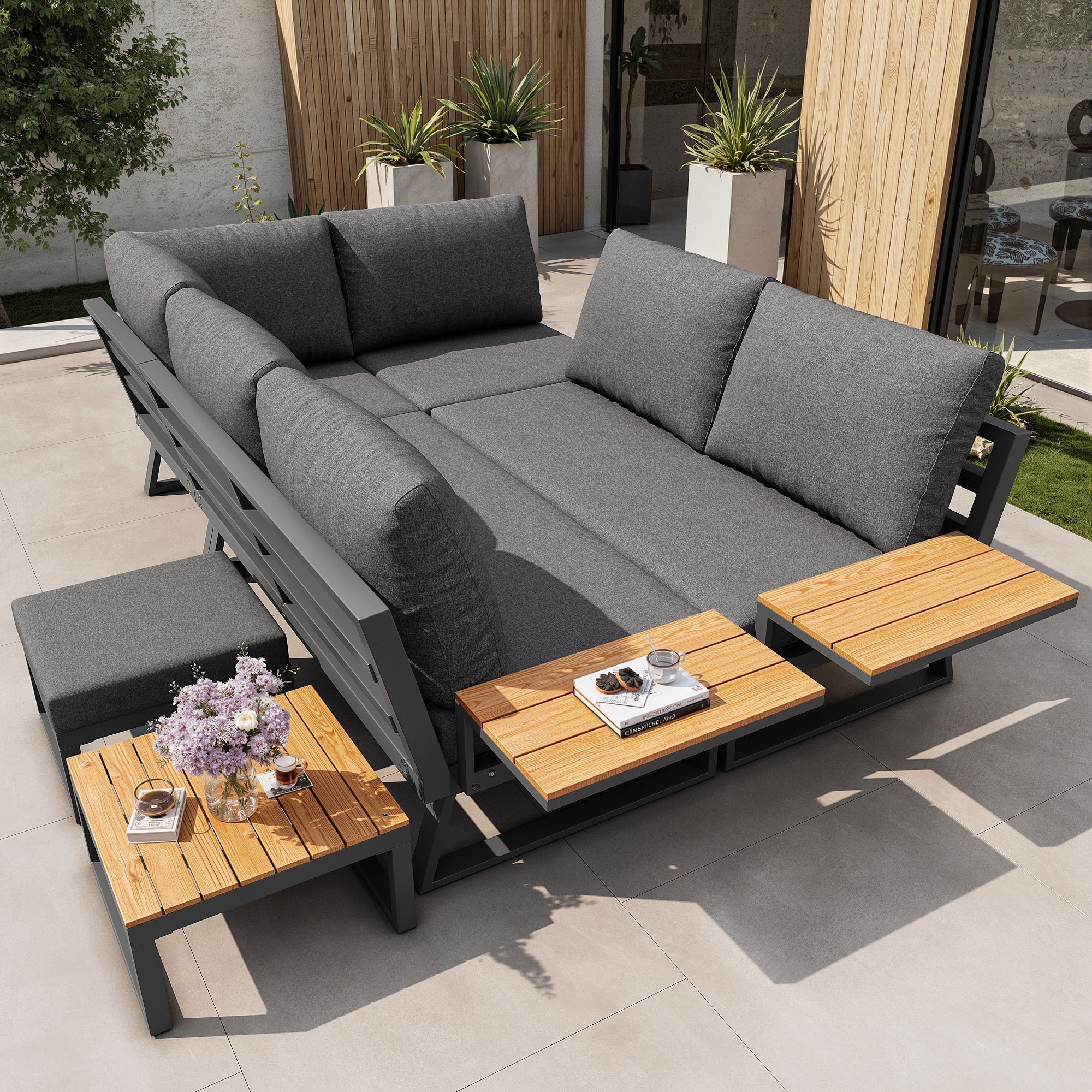 L-shaped Garden Sofa Set Weatherproof 7-Seater Corner Lounger Wooden Armrests Iron Grey/Beige - Image 5