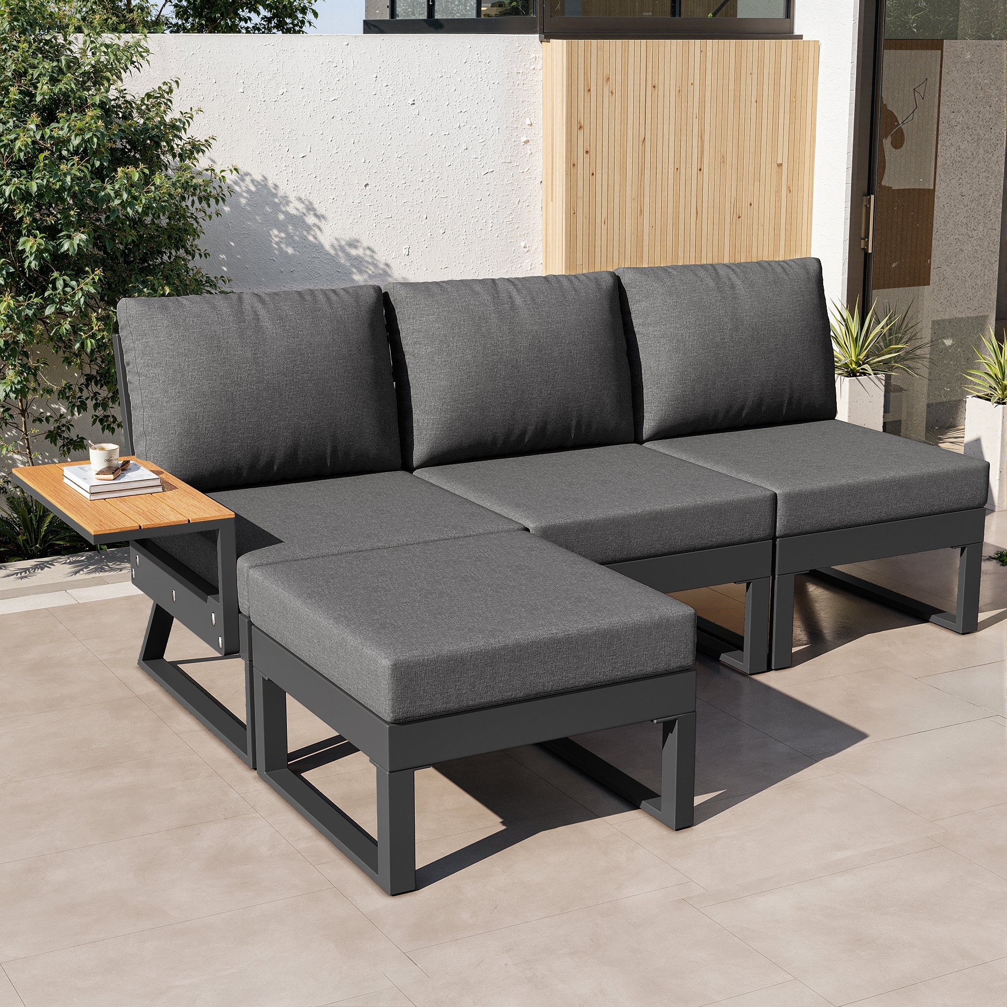 L-shaped Garden Sofa Set Weatherproof 7-Seater Corner Lounger Wooden Armrests Iron Grey/Beige - Image 6