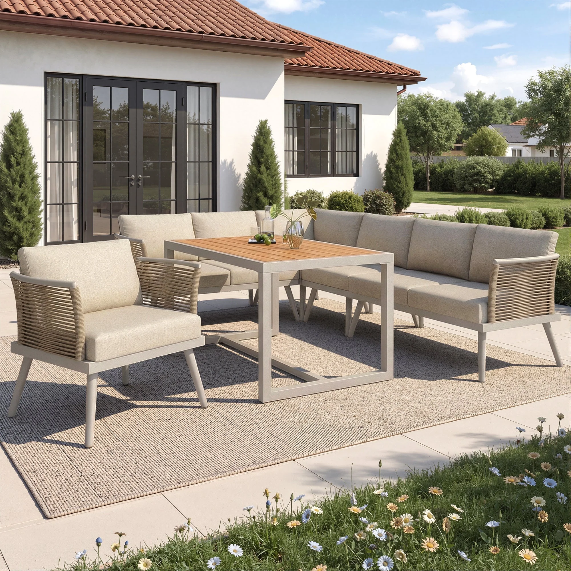 L-Shaped Garden Sofa Set with Coffee Table and Armchair, Seven-Seater Weatherproof Iron, Grey and Beige - Image 3
