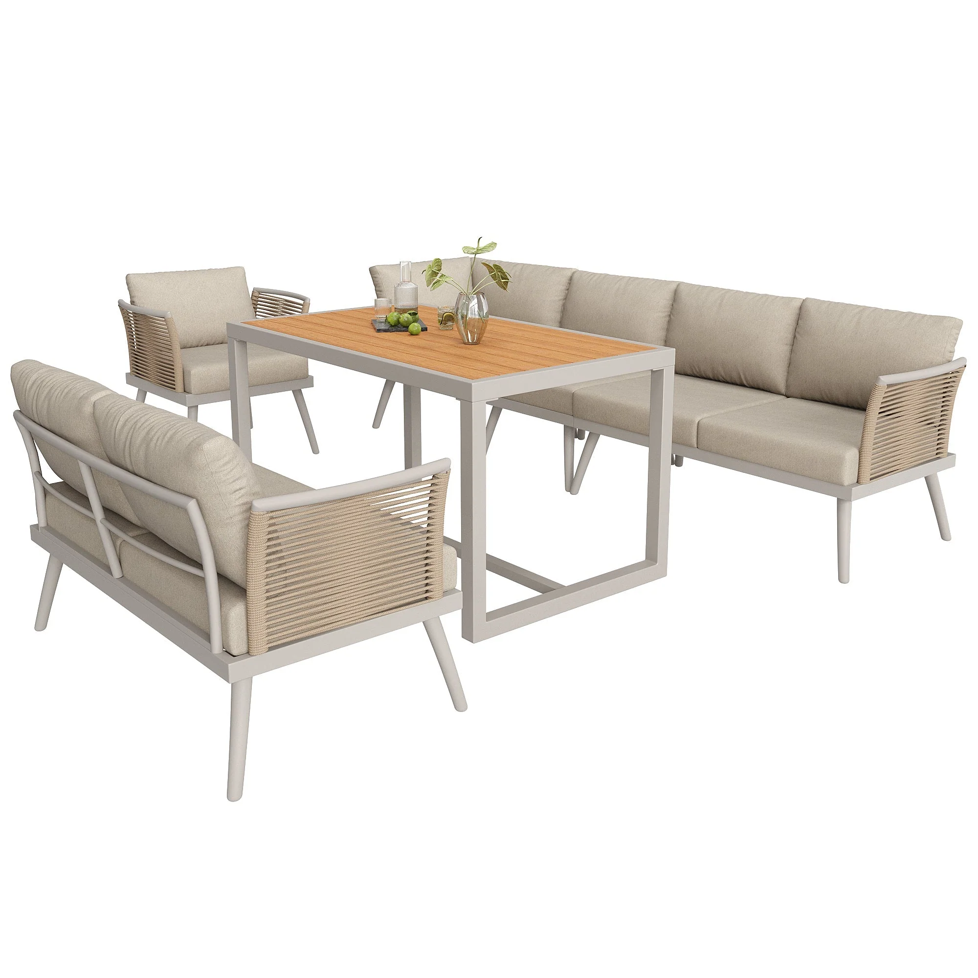 L-Shaped Garden Sofa Set with Coffee Table and Armchair, Seven-Seater Weatherproof Iron, Grey and Beige - Image 9