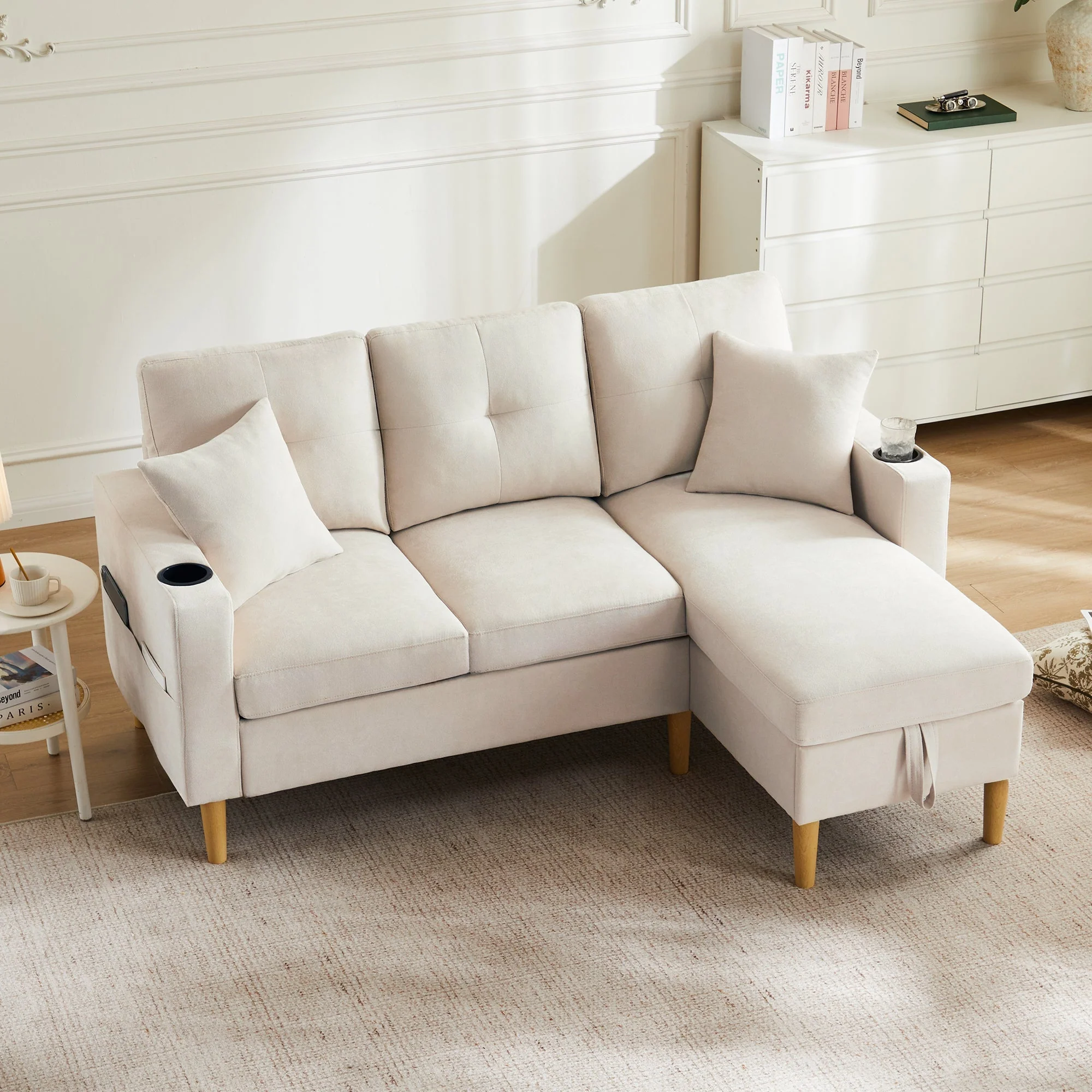 L-shaped modern sofa, 3-seater with chaise longue, storage, cup holder, 2 pillows - Image 4