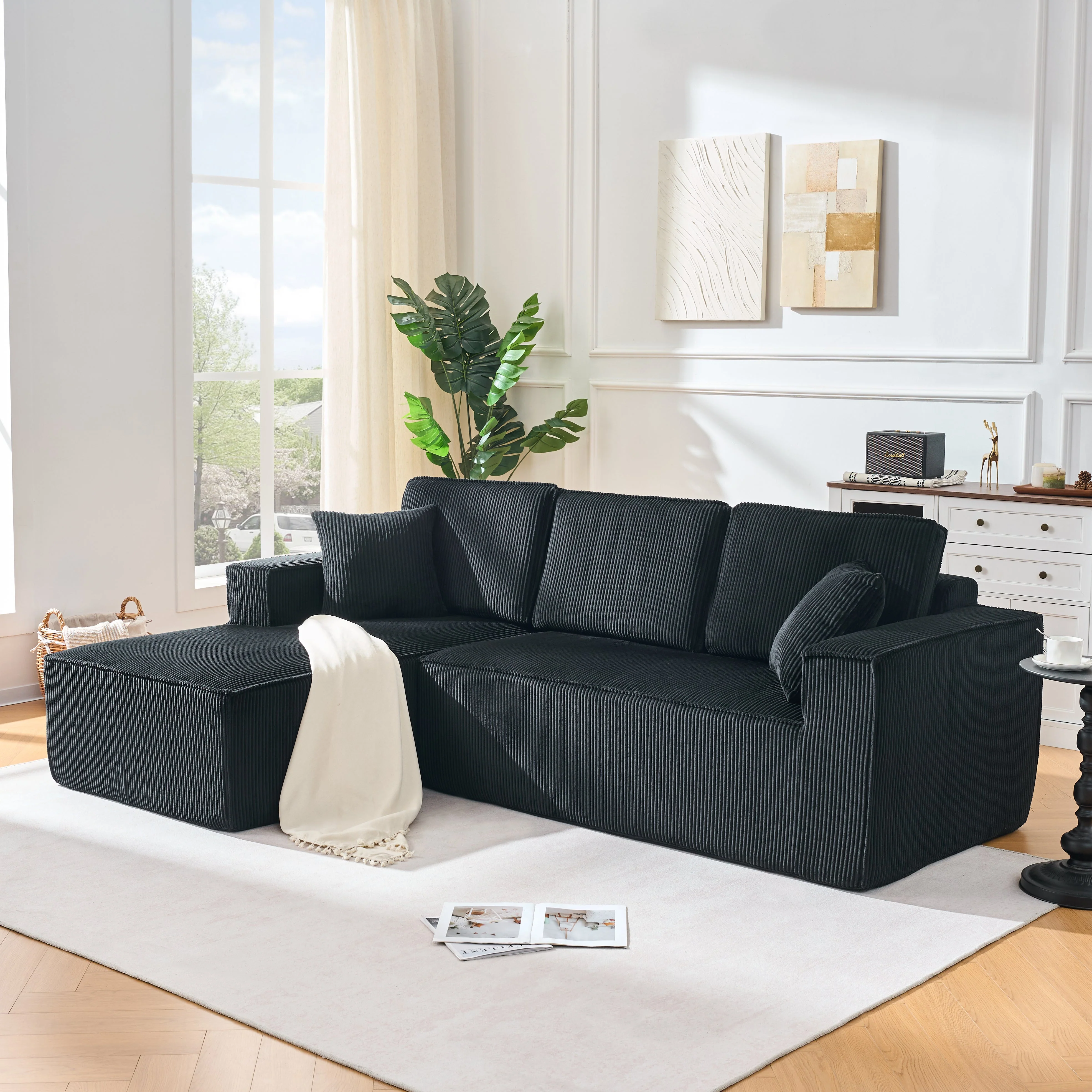 L-shaped Modular Corner Sofa 2-Seater Chaise Black Corduroy Fabric - Image 10