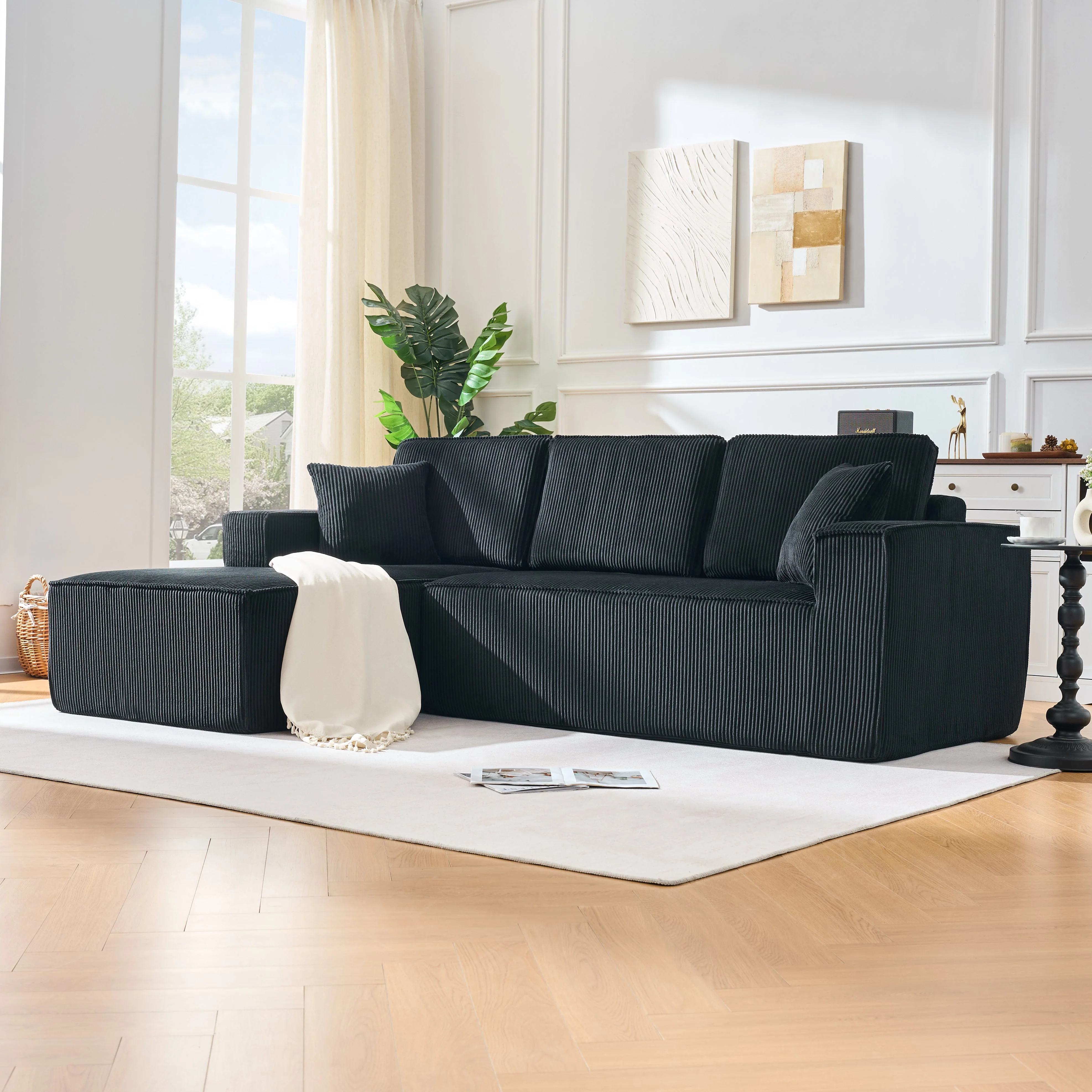 L-shaped Modular Corner Sofa 2-Seater Chaise Black Corduroy Fabric - Image 8