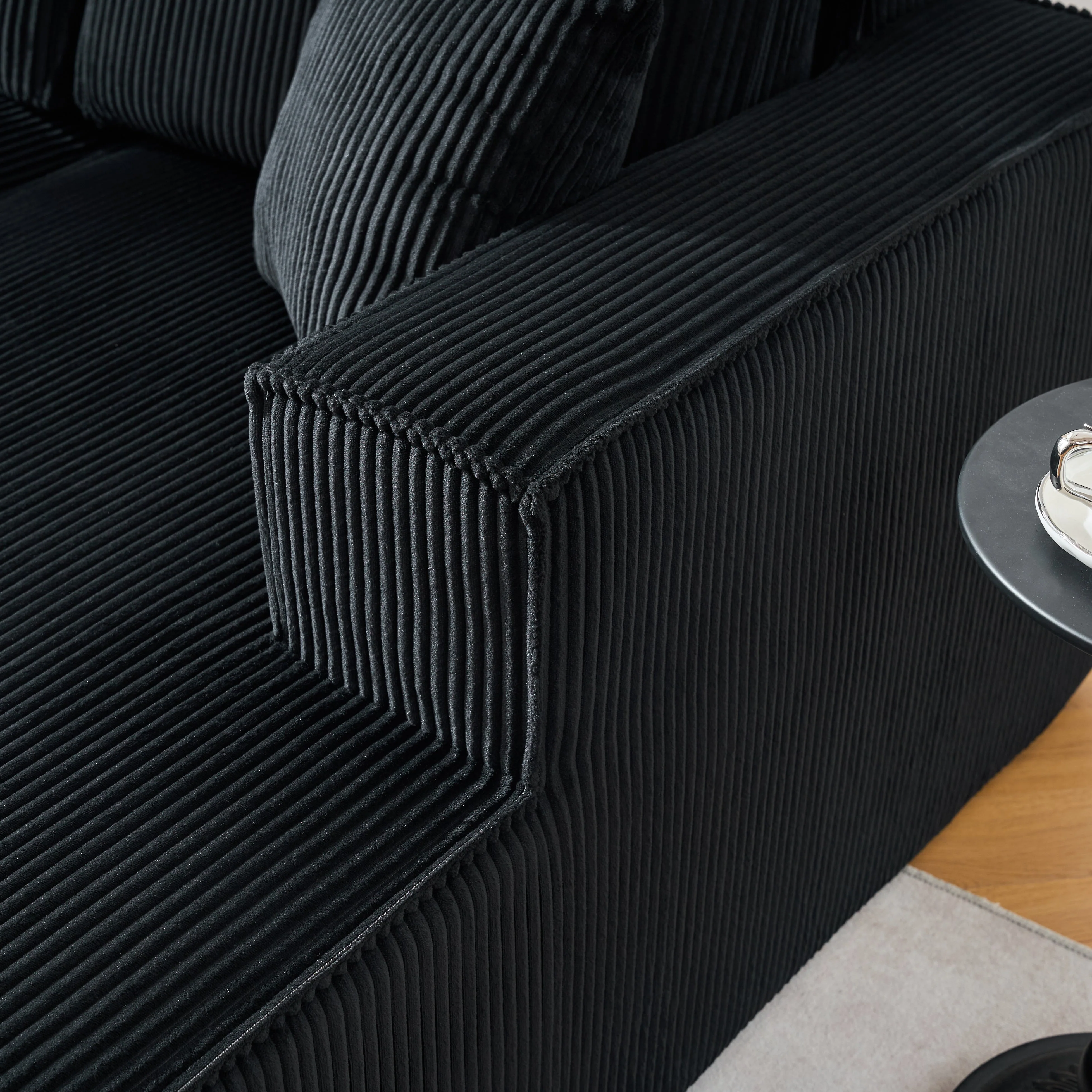L-shaped Modular Corner Sofa 2-Seater Chaise Black Corduroy Fabric - Image 9